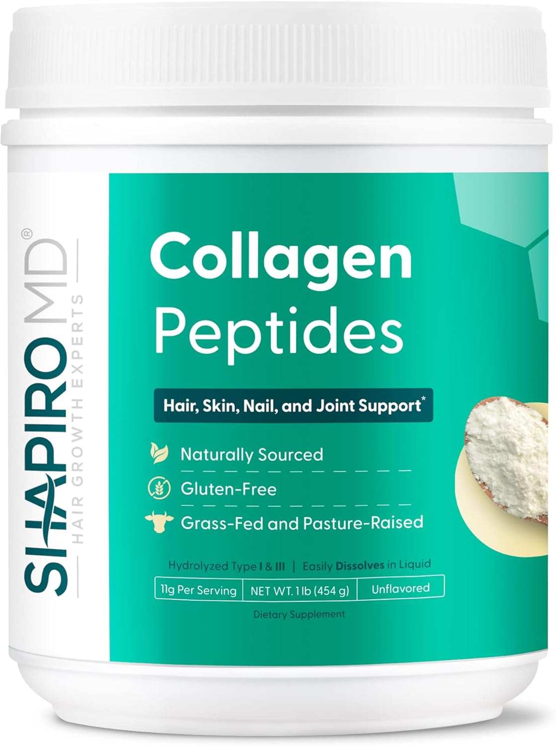 Shapiro MD Hair Growth Collagen Peptides Powder - 16 oz Supplement for Hair, Skin, Nails, and Joints - Hydrolyzed Types I & III - 11g Collagen - Easy Absorption