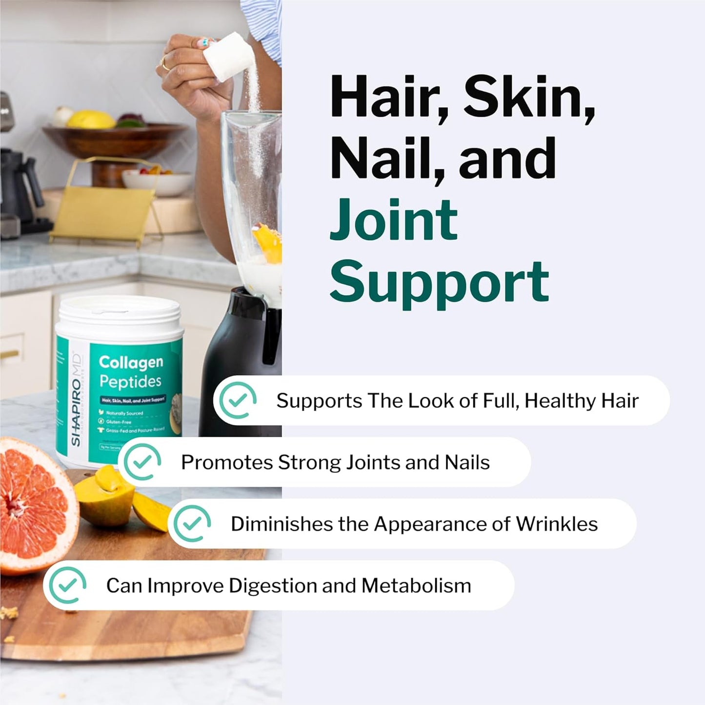 Shapiro MD Hair Growth Collagen Peptides Powder - 16 oz Supplement for Hair, Skin, Nails, and Joints - Hydrolyzed Types I & III - 11g Collagen - Easy Absorption