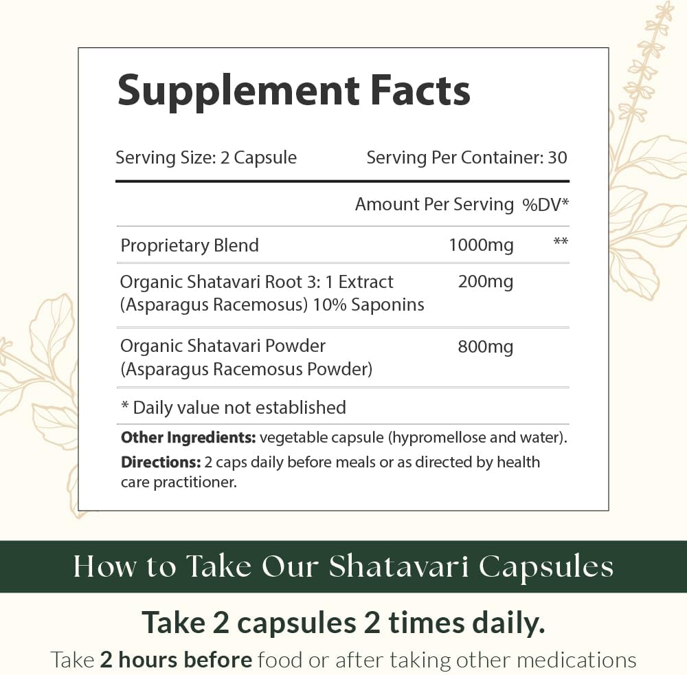 Shatavari Capsules for Female Hormonal Balance, Reproductive Health, and Lactation - 60 Vegan Capsules, 500mg