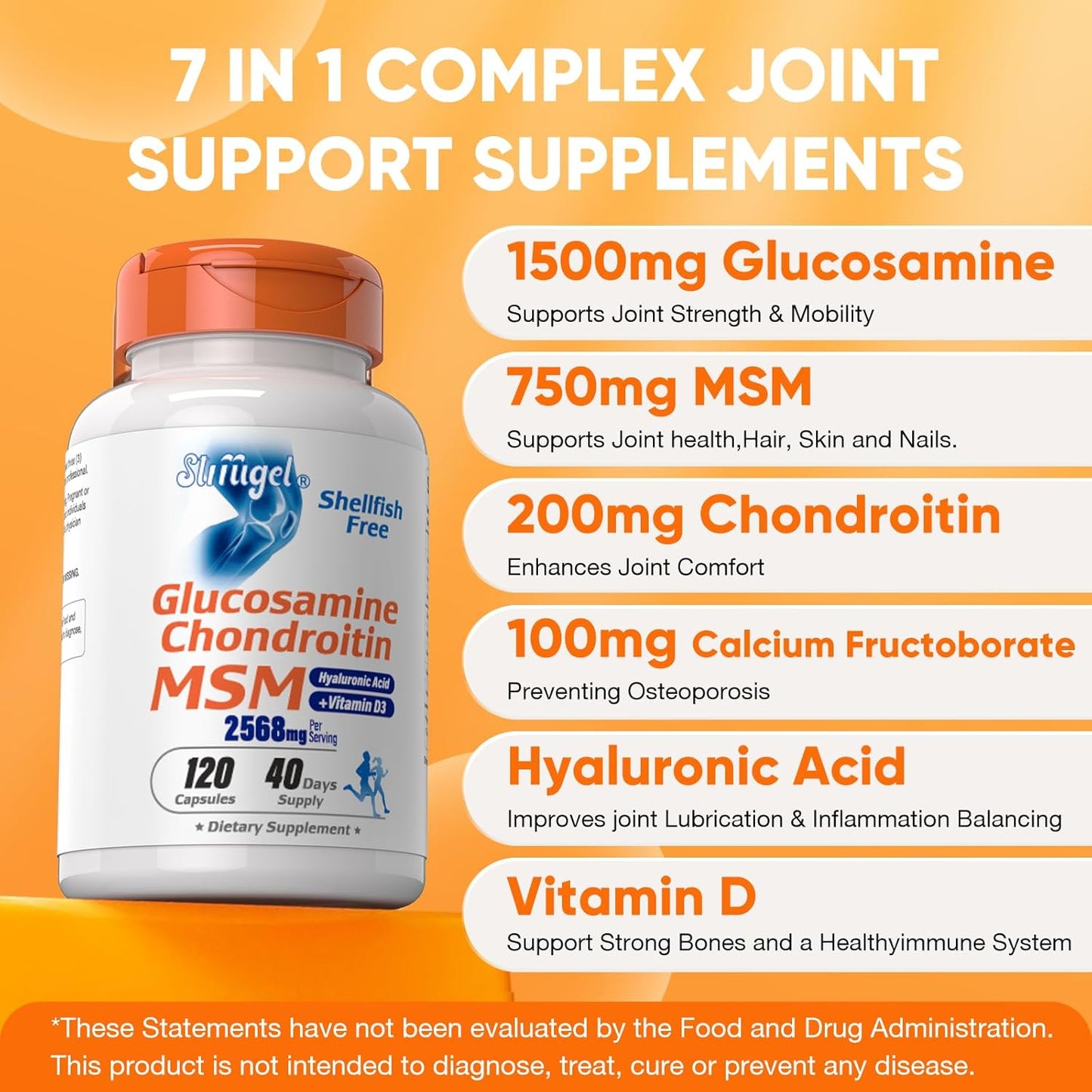 Shellfish-Free Glucosamine Chondroitin MSM + Vitamin D3 Supplement for Joint Support and Flexibility, Non-GMO Formula to Enhance Bone Health and Reduce Inflammation