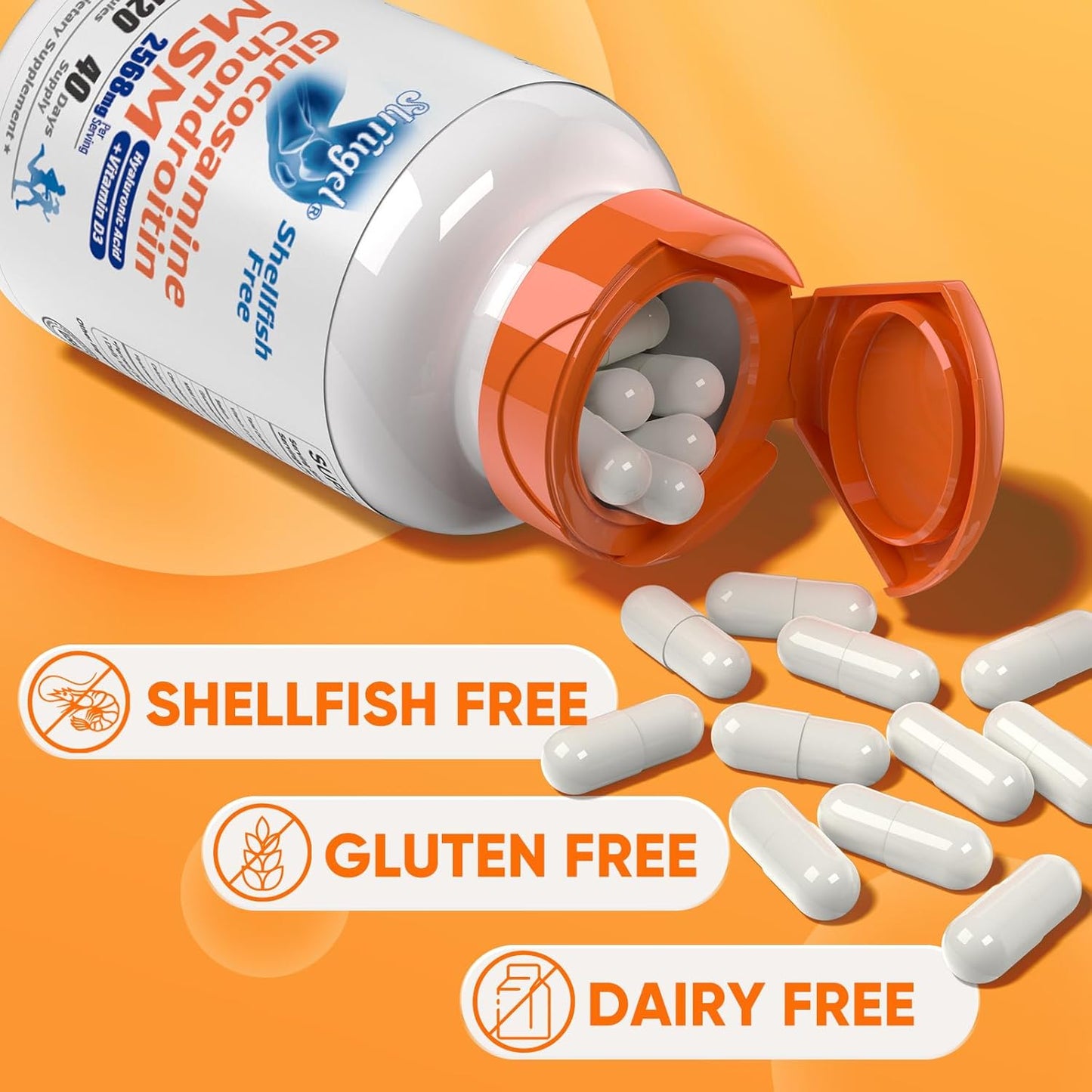 Shellfish-Free Glucosamine Chondroitin MSM + Vitamin D3 Supplement for Joint Support and Flexibility, Non-GMO Formula to Enhance Bone Health and Reduce Inflammation