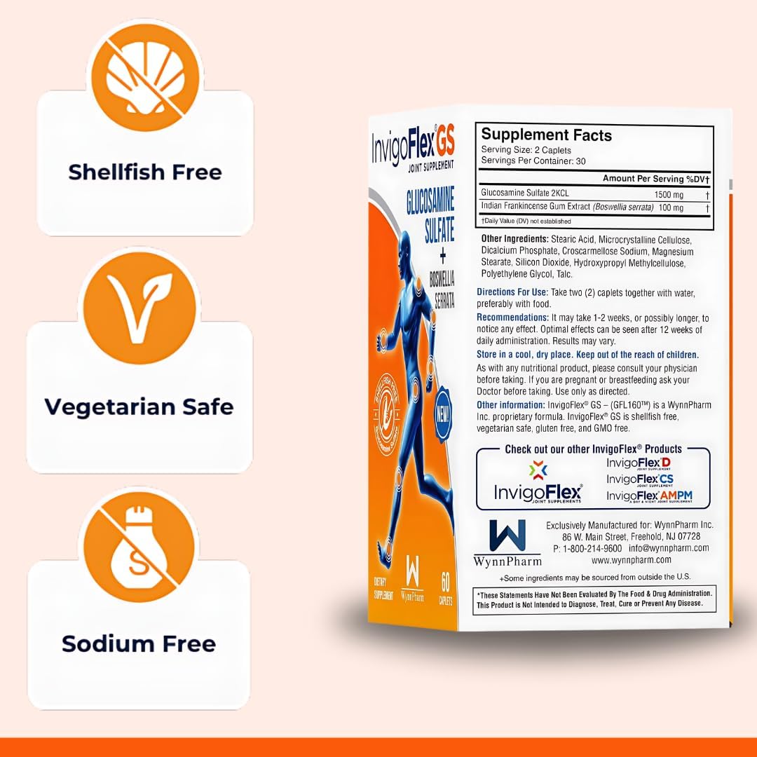 Shellfish Free INVIGOFLEX Glucosamine Sulfate with Boswellia Serrata - Vegetarian Safe Joint Supplement - 3 Pack