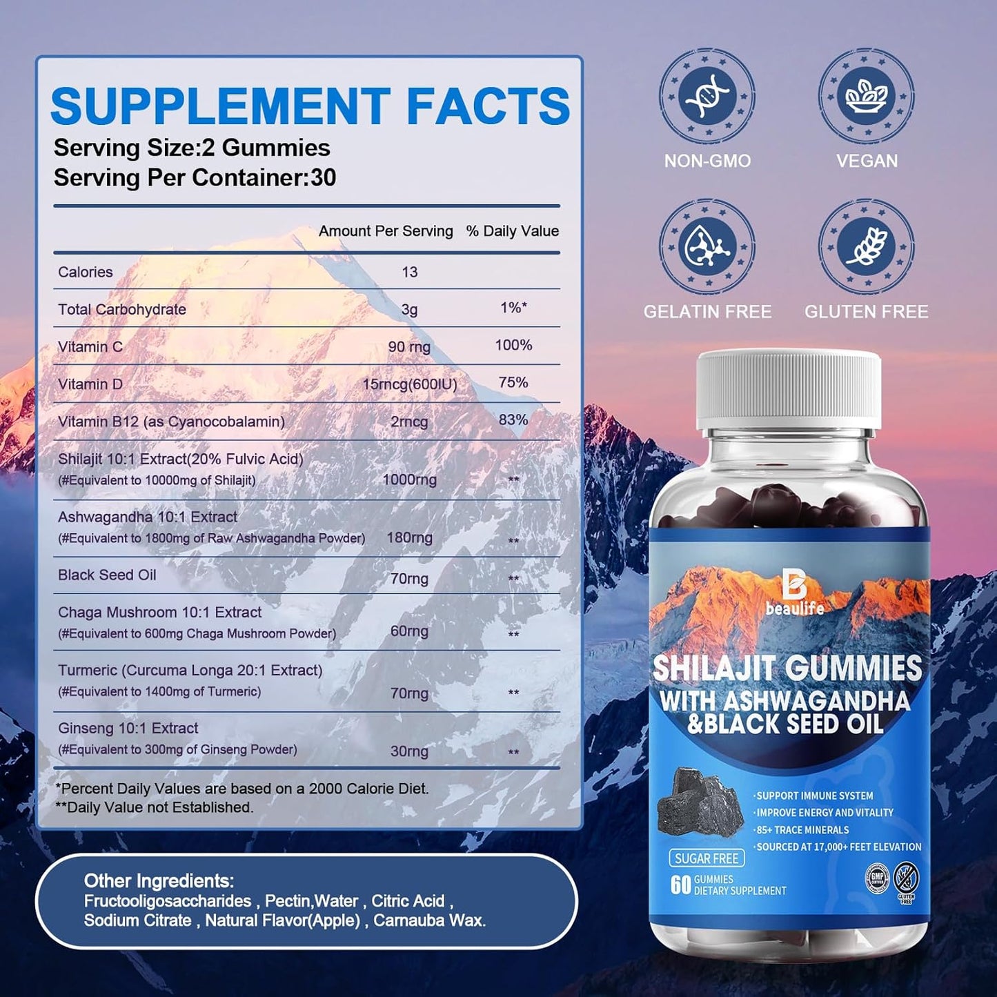 Shilajit Gummies with 85+ Trace Minerals, Fulvic Acid, and Vitamins for Energy and Immune Support