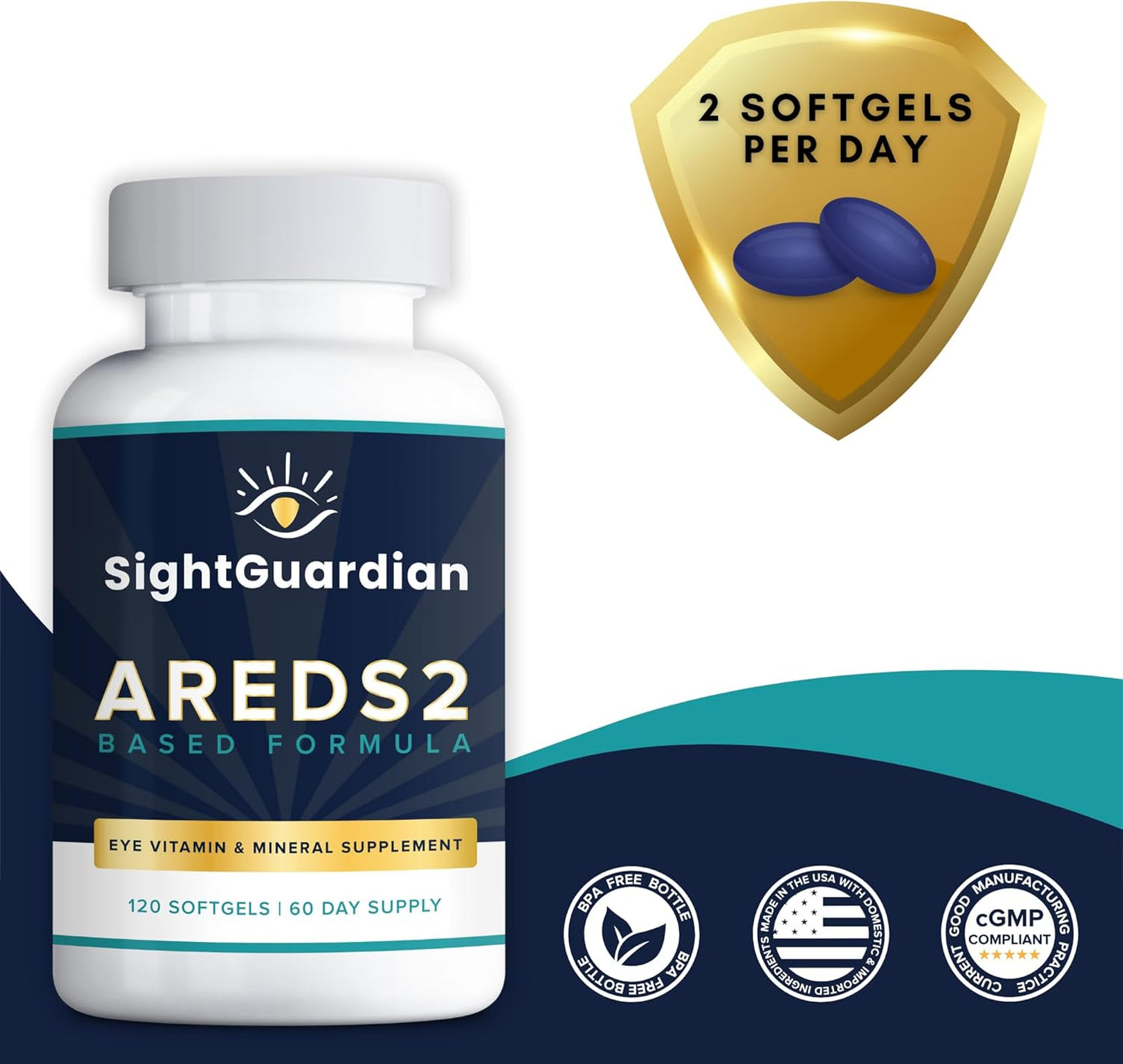 Sight Guardian AREDS2 Eye Vitamin-Mineral Supplement (120 ct.) - Eye Vision Support with Low Zinc Formula - 60 Day Supply