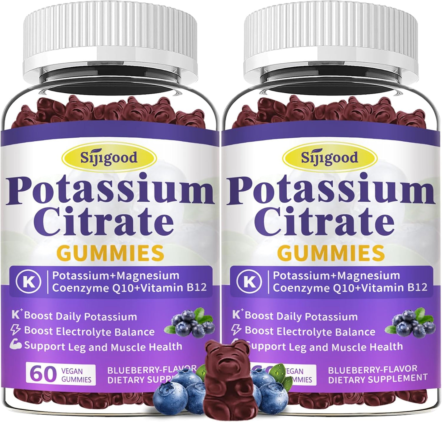 Sijigood Potassium Citrate Gummies 120 Count - Vegan Muscle Health & Leg Cramp Relief Supplement, Blueberry Flavor, Non-GMO & Gluten-Free
