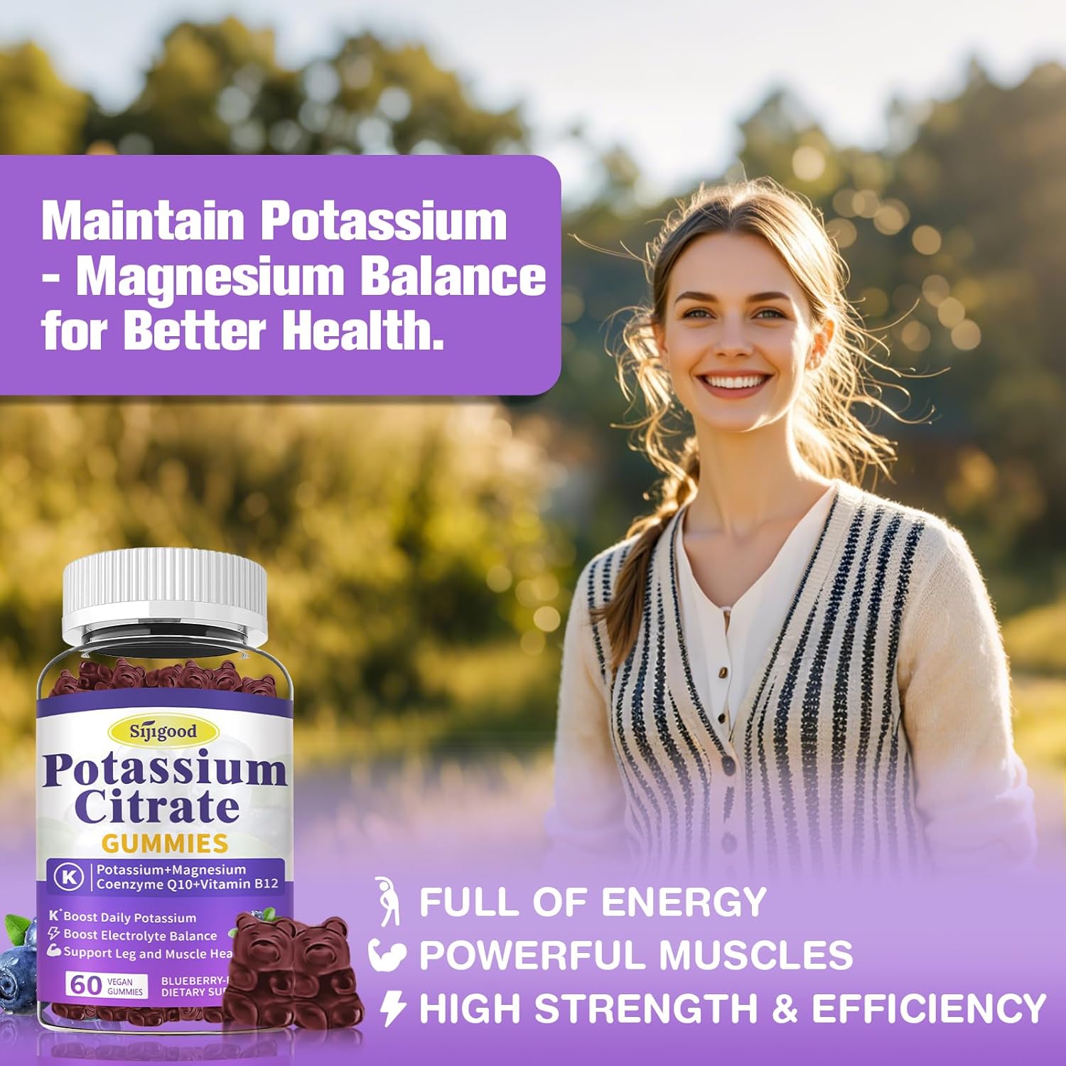 Sijigood Potassium Citrate Gummies 120 Count - Vegan Muscle Health & Leg Cramp Relief Supplement, Blueberry Flavor, Non-GMO & Gluten-Free