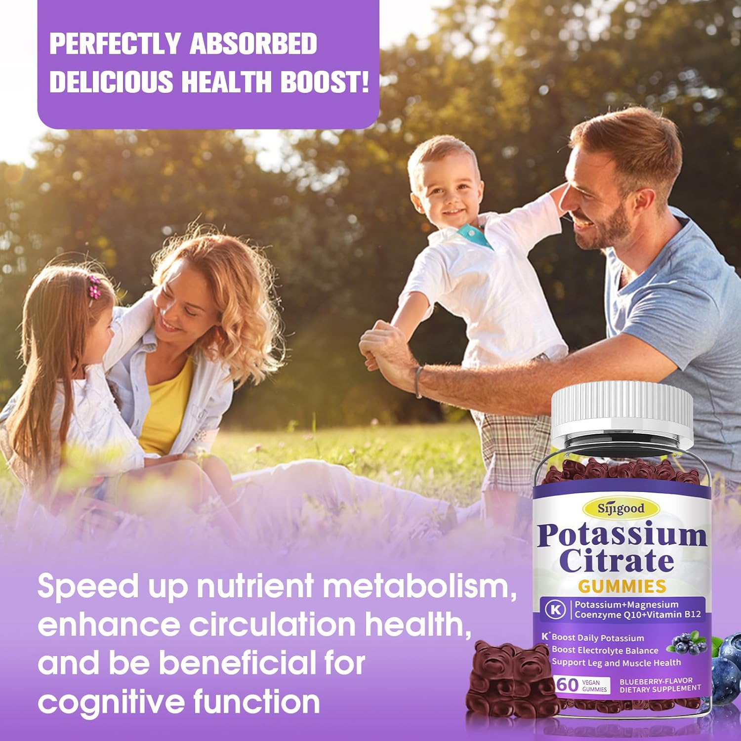Sijigood Potassium Citrate Gummies 120 Count - Vegan Muscle Health & Leg Cramp Relief Supplement, Blueberry Flavor, Non-GMO & Gluten-Free
