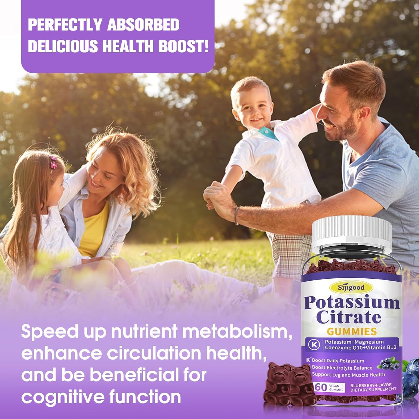 Sijigood Potassium Citrate Gummies 120 Count - Vegan Muscle Health & Leg Cramp Relief Supplement, Blueberry Flavor, Non-GMO & Gluten-Free