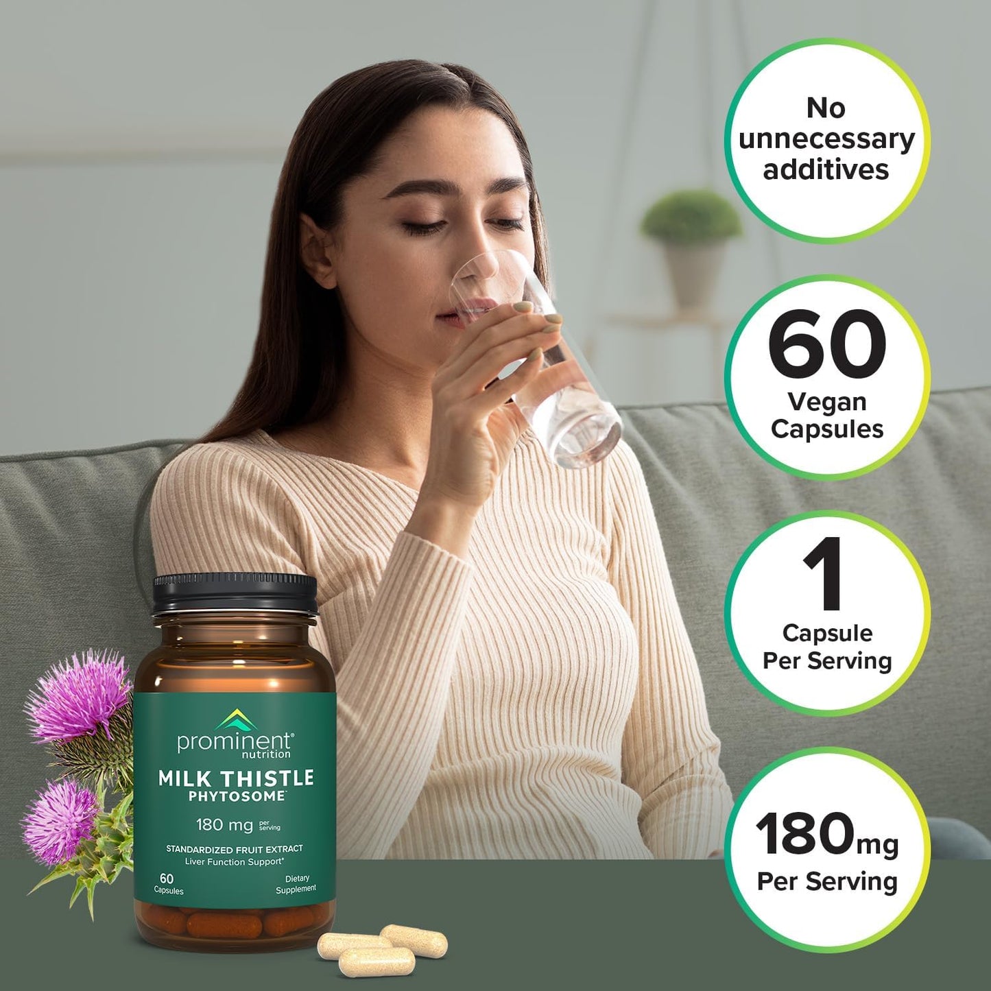 Siliphos Milk Thistle Extract Capsules - Liver Function Support, Detox & Cleanse - 180mg, 60 ct - Prominent Nutrition