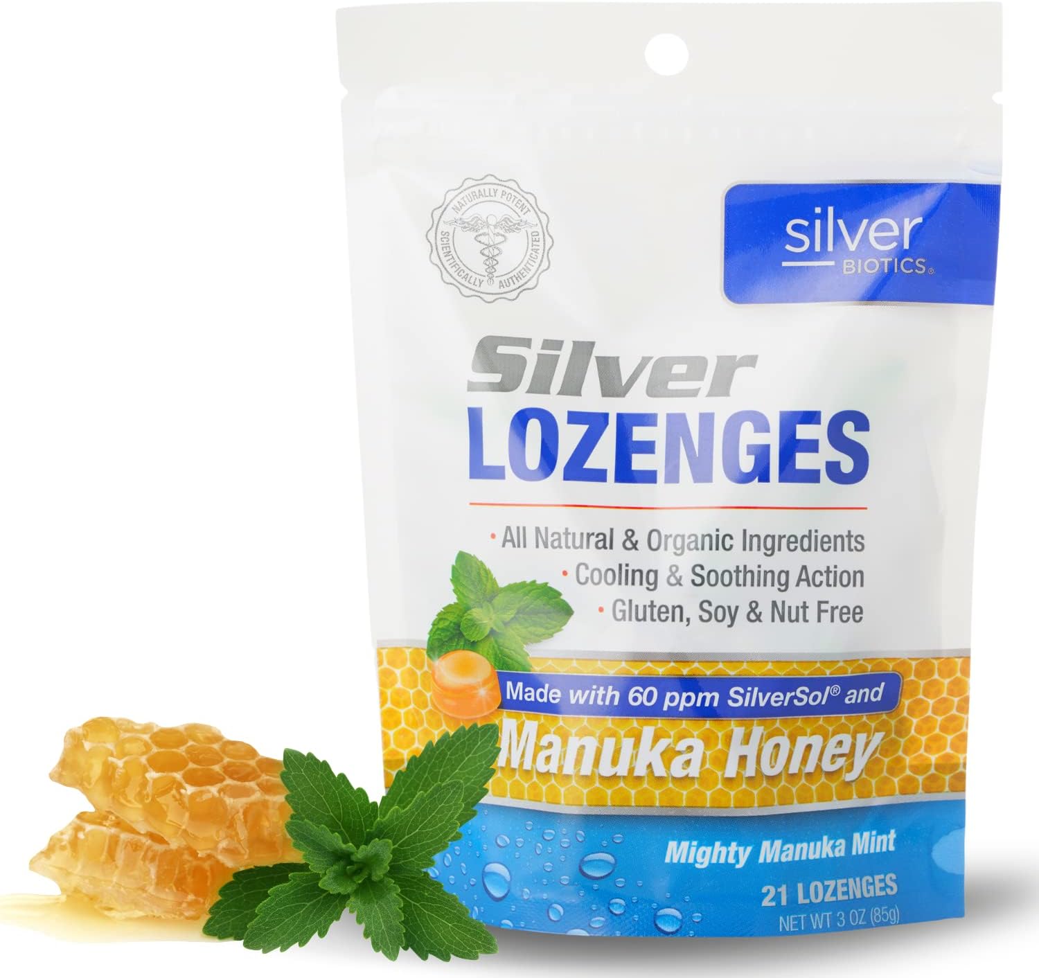 Silver Biotics Colloidal Silver Lozenges with Manuka Honey - 60 PPM SilverSol for Immune Support and Throat Soothing - 21 Count