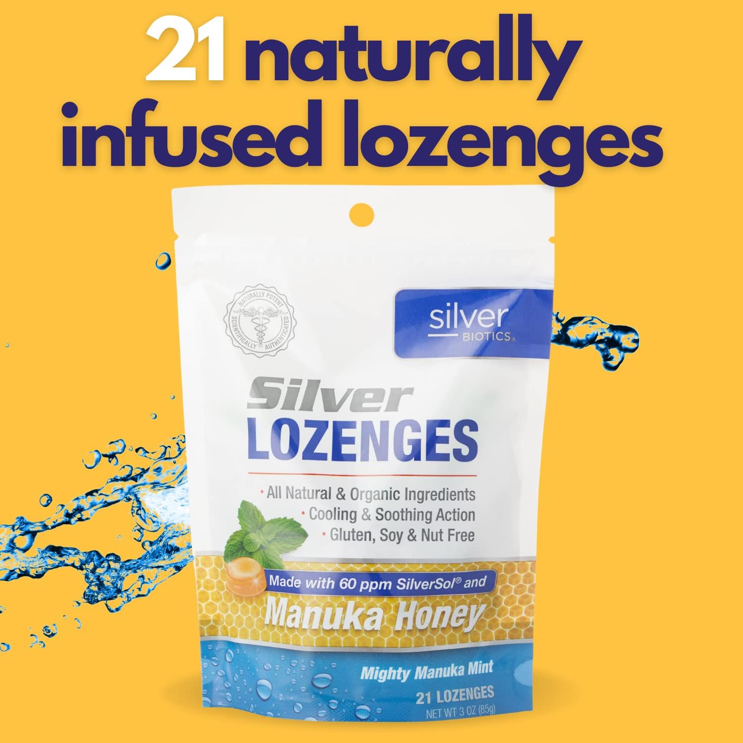 Silver Biotics Colloidal Silver Lozenges with Manuka Honey - 60 PPM SilverSol for Immune Support and Throat Soothing - 21 Count