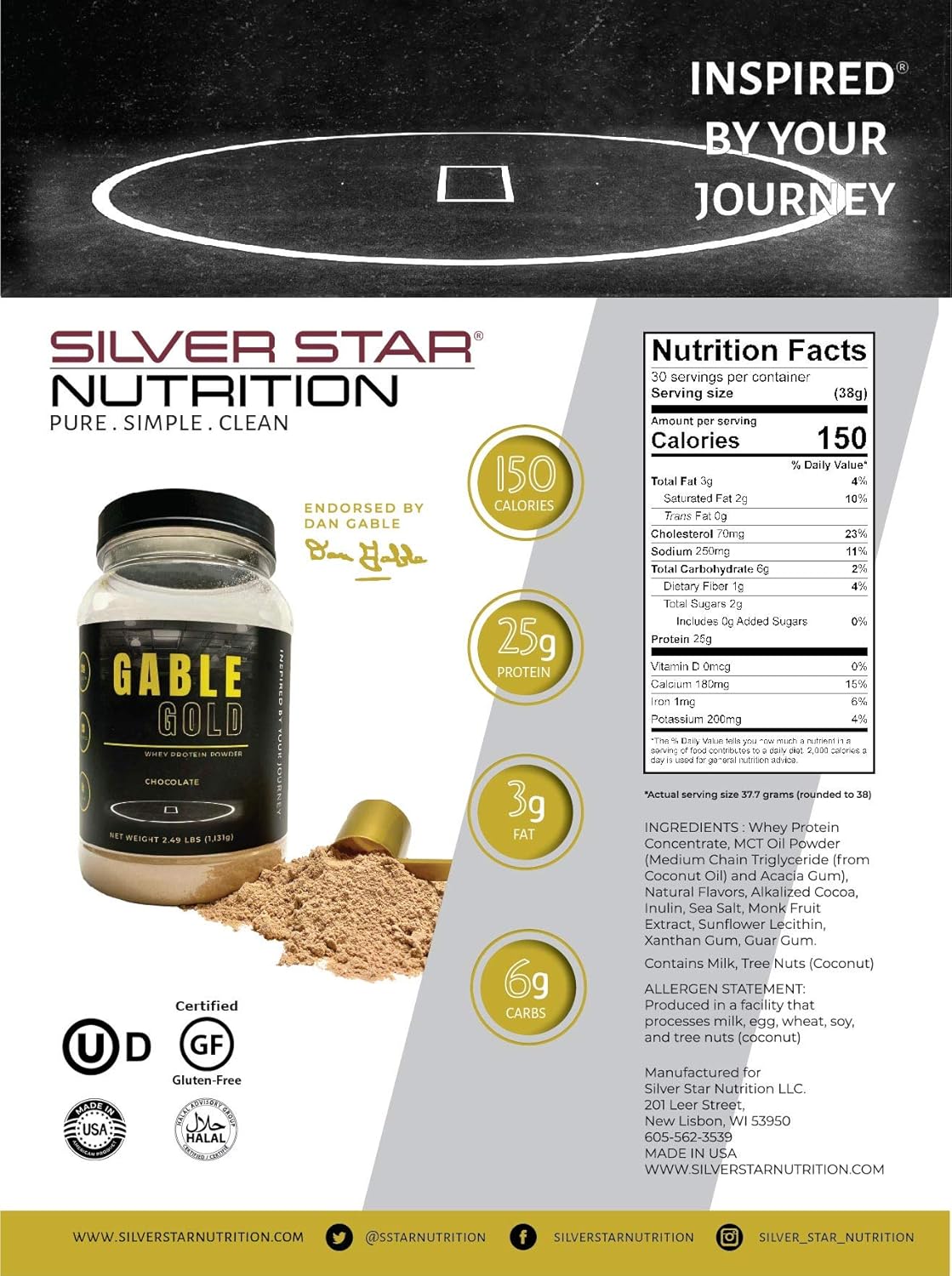 Silver Star Nutrition Gable Gold Chocolate Whey Protein Powder with MCT Oil & Inulin - 25g Protein per Serving - 30 Servings - 2.49 Lbs - No Added Sugar