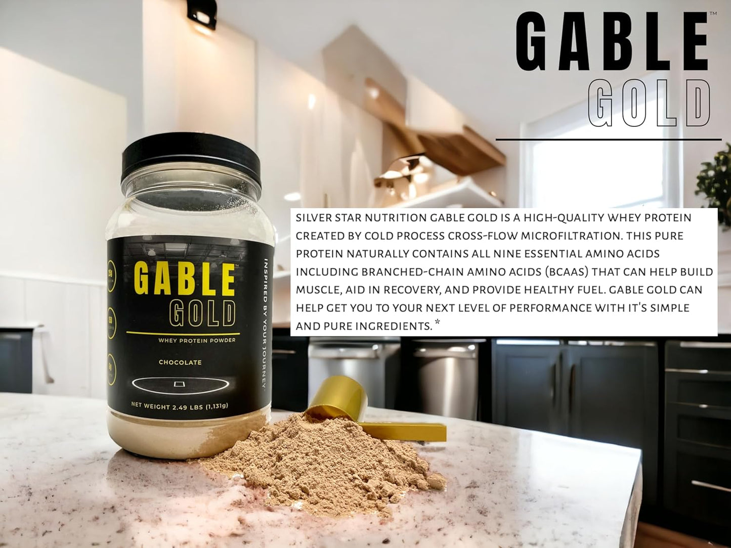 Silver Star Nutrition Gable Gold Chocolate Whey Protein Powder with MCT Oil & Inulin - 25g Protein per Serving - 30 Servings - 2.49 Lbs - No Added Sugar