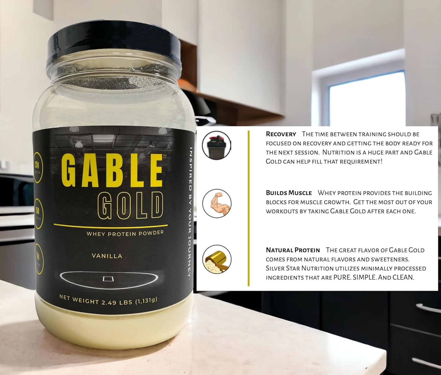 Silver Star Nutrition Gable Gold Chocolate Whey Protein Powder with MCT Oil & Inulin - 25g Protein per Serving - 30 Servings - 2.49 Lbs - No Added Sugar