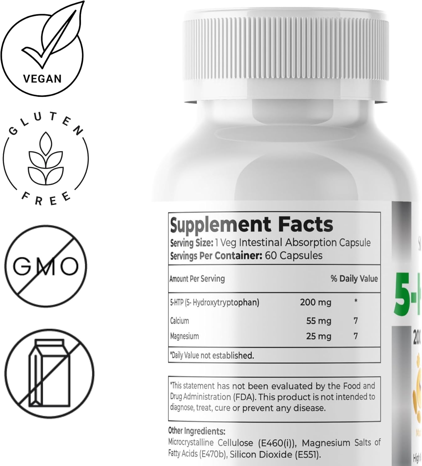 SilverShell 5-HTP 200 MG with Calcium and Magnesium - Mood, Sleep, and Brain Support - 60 Capsules