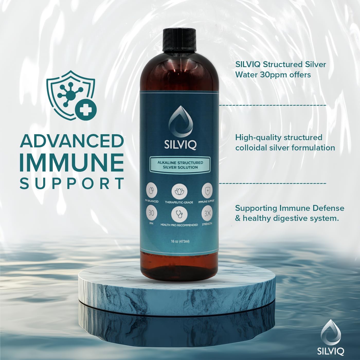 SILVIQ Structured Silver Water 30PPM - Alkaline Liquid Supplement for Immune Support & Gut Health - 16 Oz
