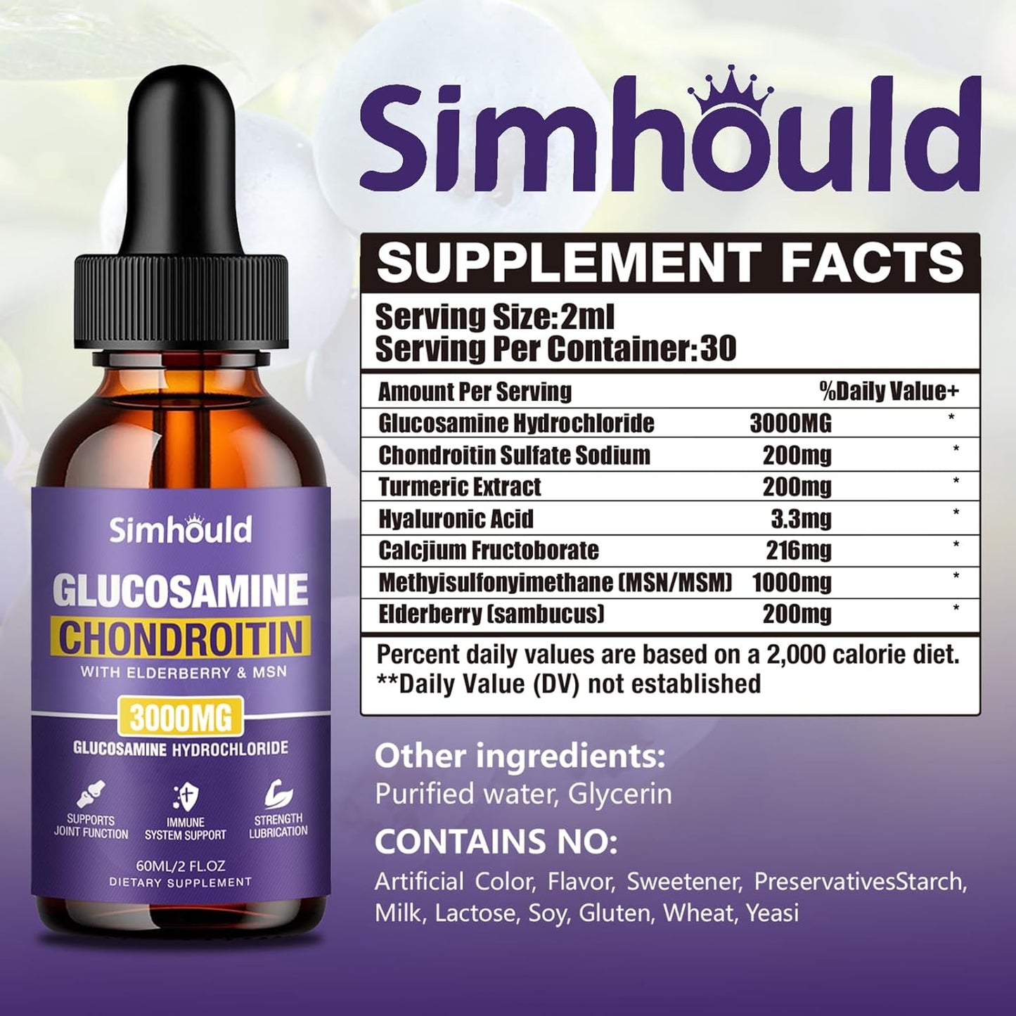 Simhould 2-Pack Glucosamine Chondroitin MSM Drops with Elderberry and Hyaluronic Acid for Joint Support & Immune Boost (4 oz)