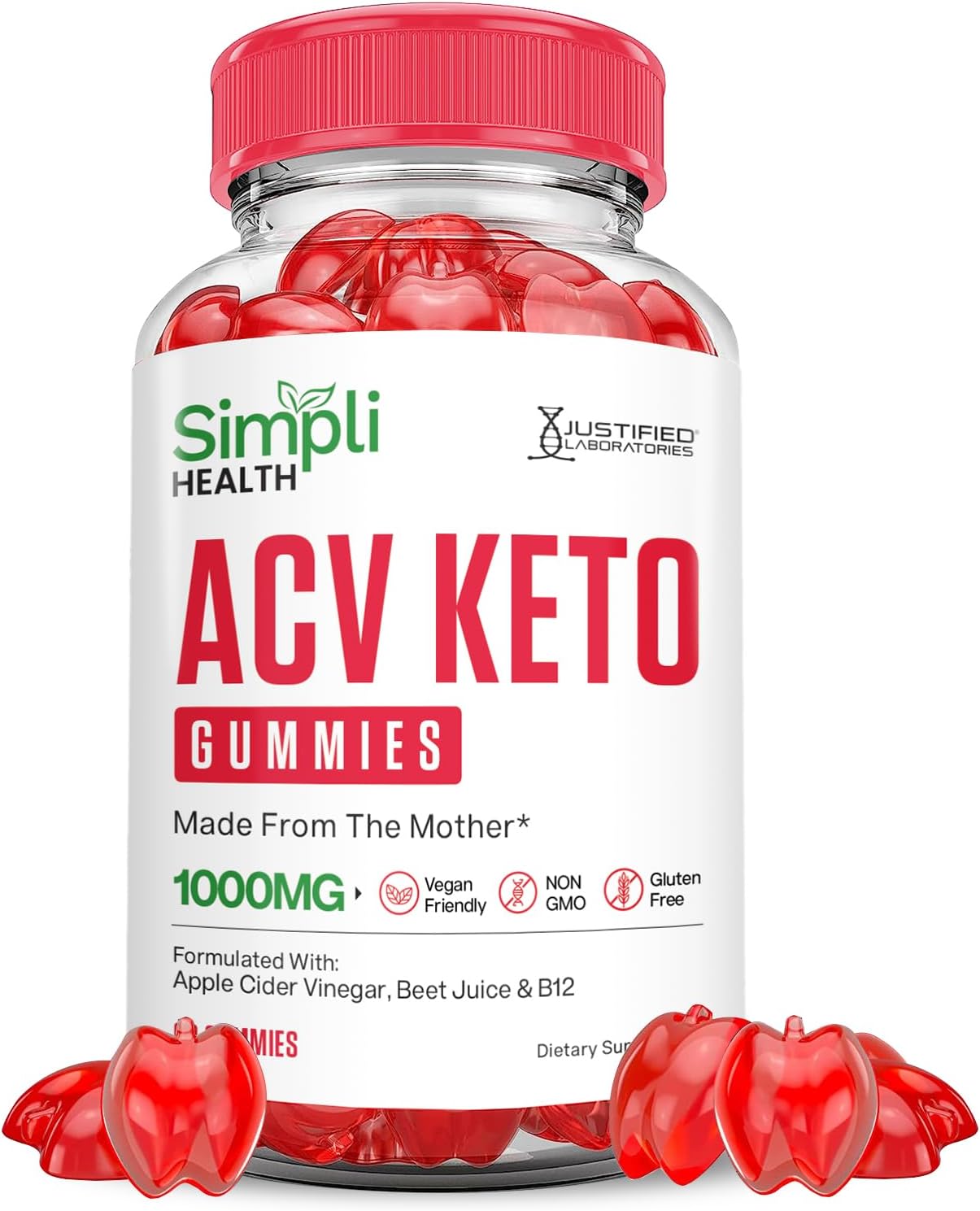 Simpli Health Keto ACV Gummies 1000MG with Pomegranate Beet Juice Powder - B12 Vegan Non GMO (60 Gummys)