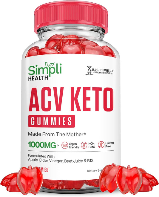 Simpli Health Keto ACV Gummies 1000MG with Pomegranate Beet Juice Powder - B12 Vegan Non GMO (60 Gummys)