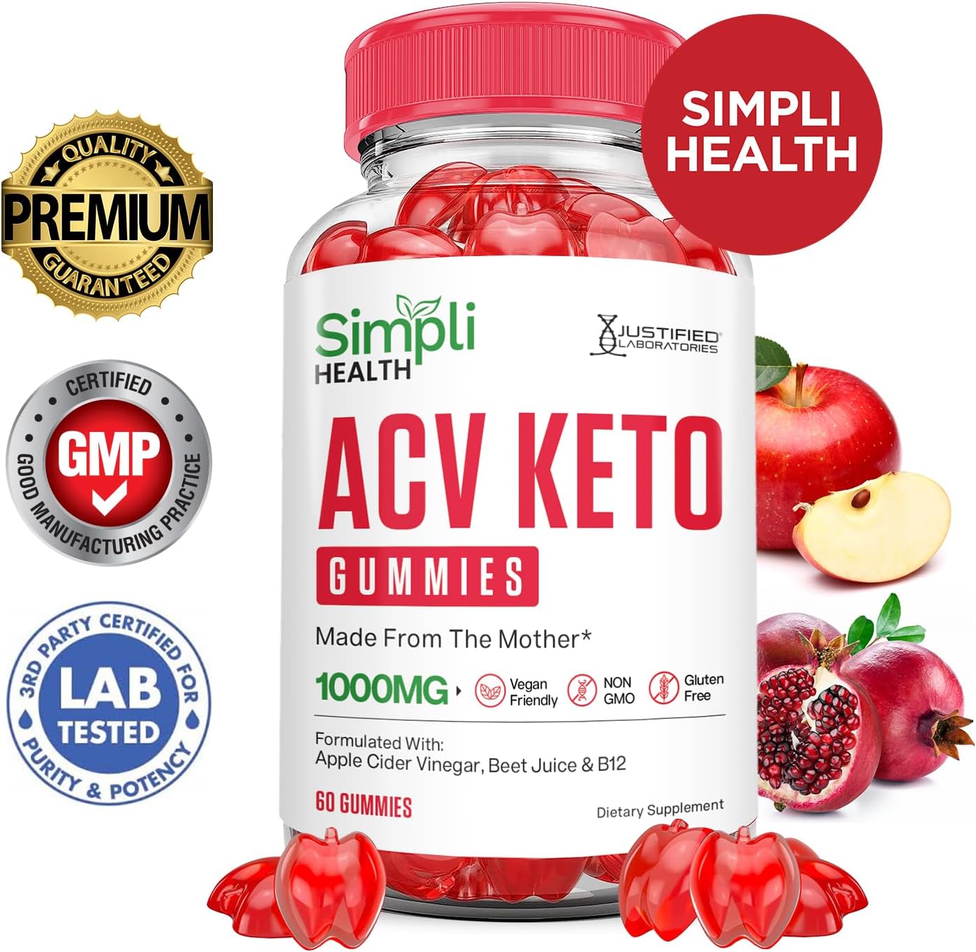 Simpli Health Keto ACV Gummies 1000MG with Pomegranate Beet Juice Powder - B12 Vegan Non GMO (60 Gummys)