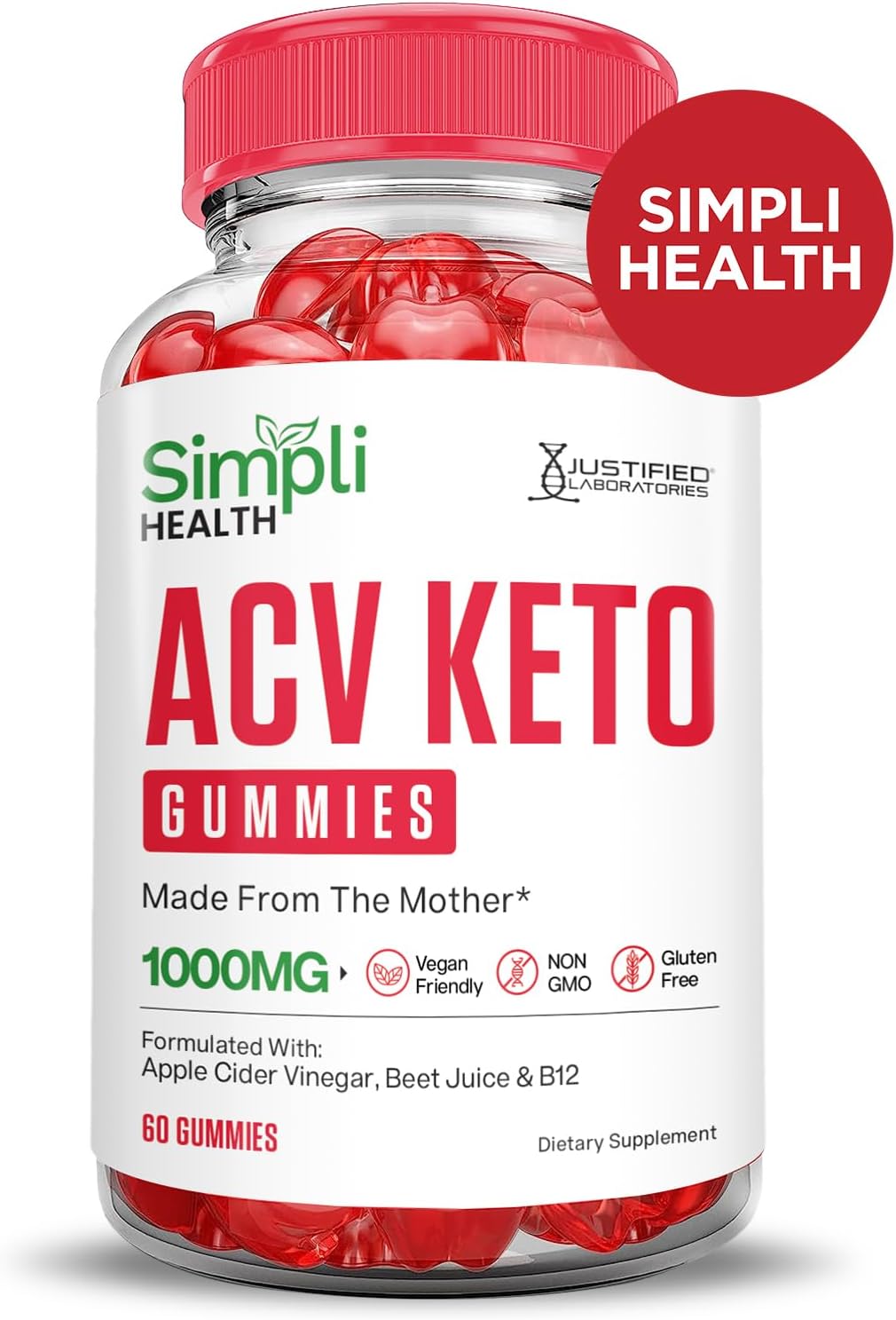 Simpli Health Keto ACV Gummies 1000MG with Pomegranate Beet Juice Powder - B12 Vegan Non GMO (60 Gummys)