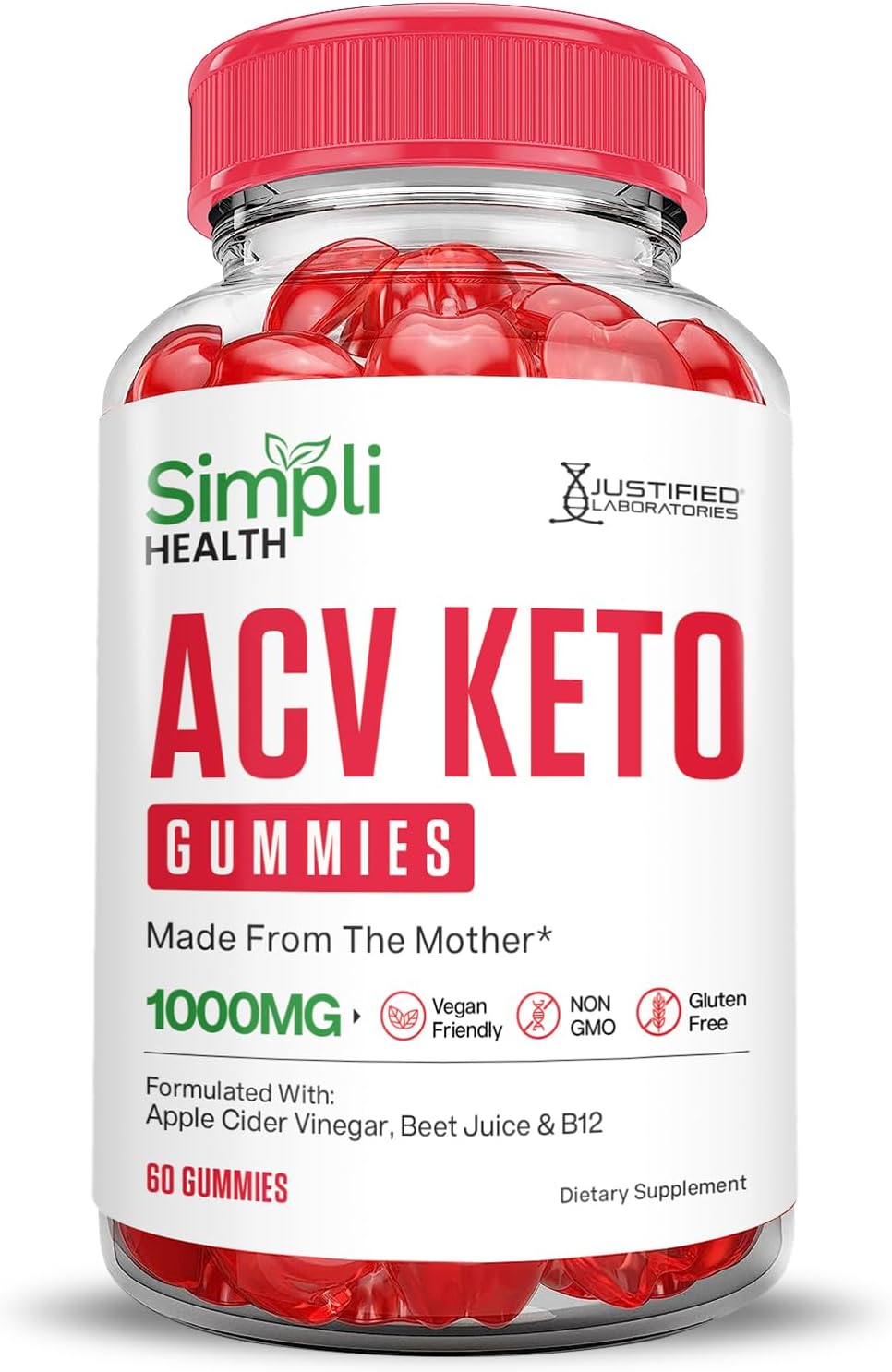 Simpli Health Keto ACV Gummies 1000MG with Pomegranate Beet Juice Powder - B12 Vegan Non GMO (60 Gummys)