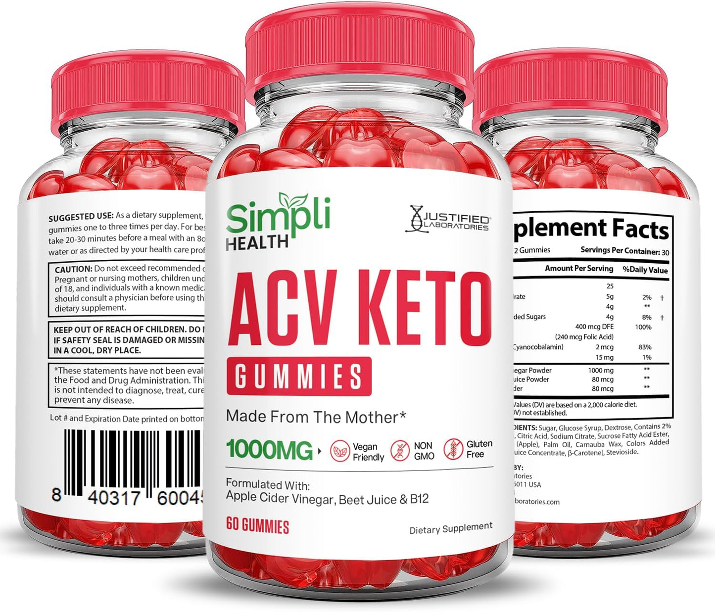 Simpli Health Keto ACV Gummies 1000MG with Pomegranate Beet Juice Powder - B12 Vegan Non GMO (60 Gummys)