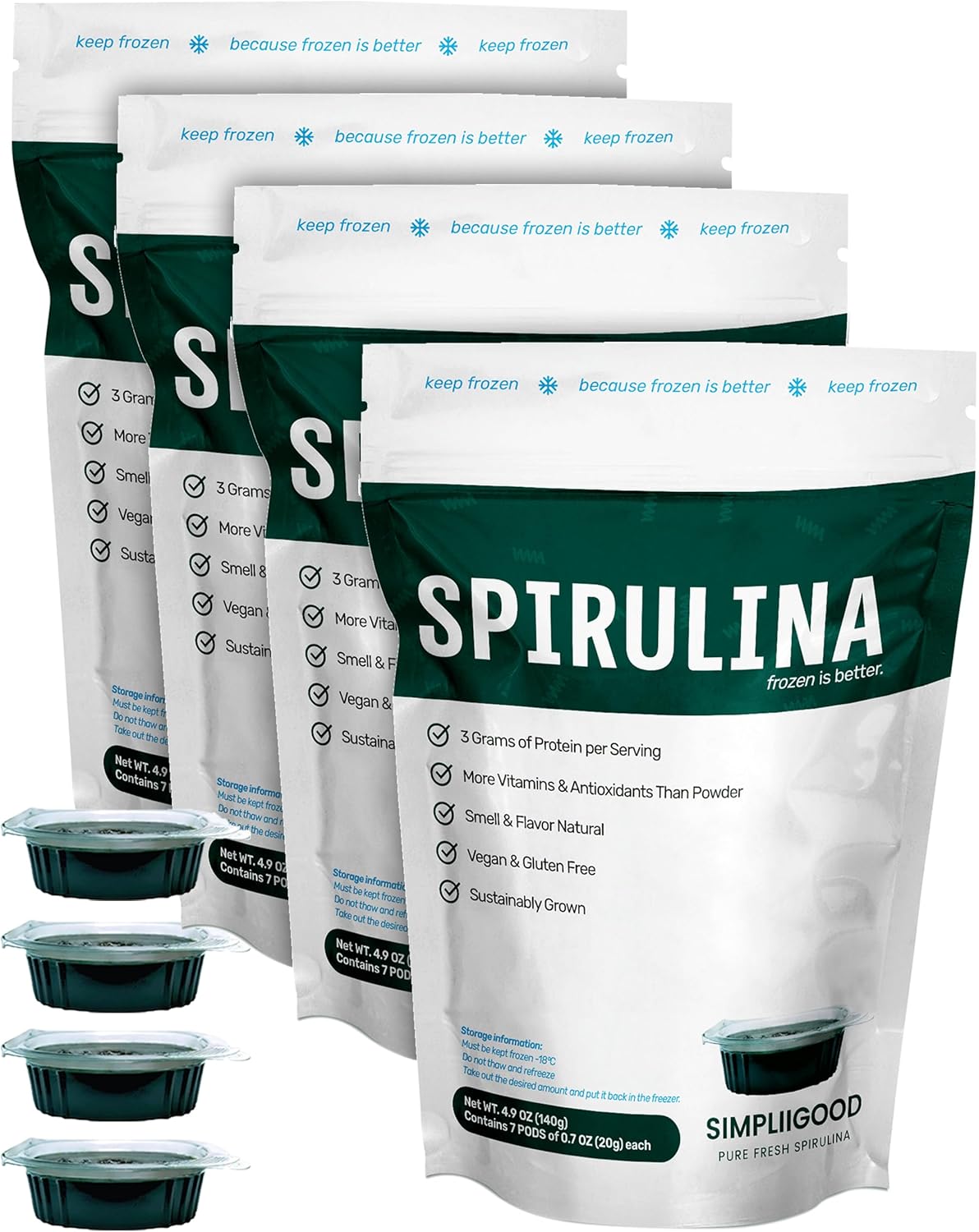 Simpliigood Spirulina Cubes - Vegan, Gluten-Free Superfood Pods for Smoothies - High Protein, Vitamin-Rich Spirulina (560g)