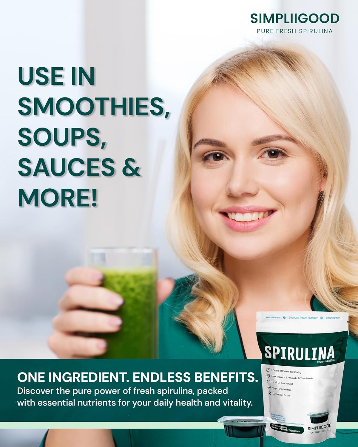 Simpliigood Spirulina Cubes - Vegan, Gluten-Free Superfood Pods for Smoothies - High Protein, Vitamin-Rich Spirulina (560g)