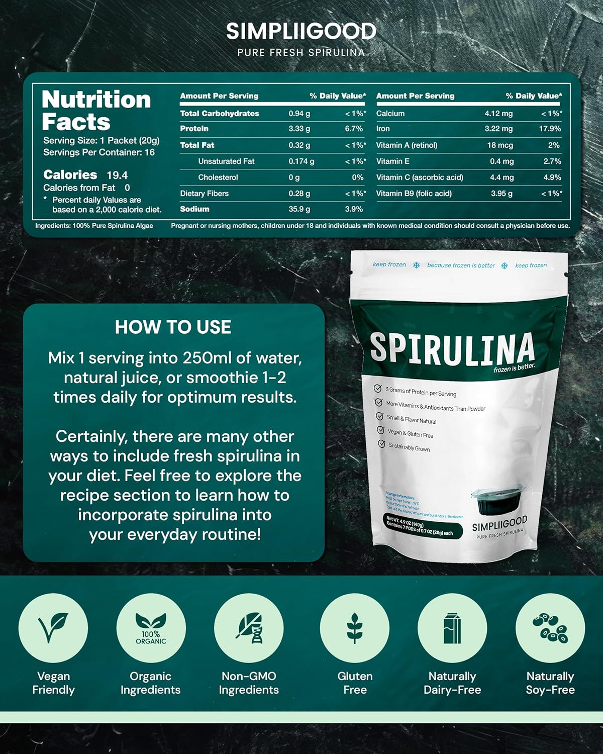 Simpliigood Spirulina Cubes - Vegan, Gluten-Free Superfood Pods for Smoothies - High Protein, Vitamin-Rich Spirulina (560g)
