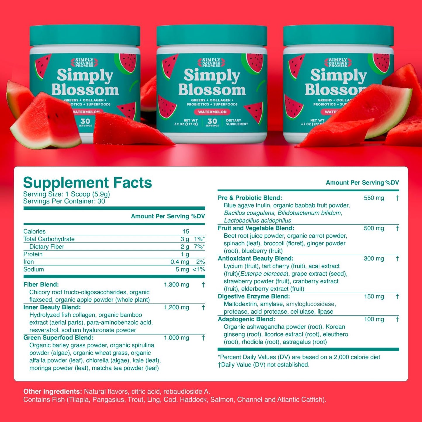 Simply Blossom Nutrition Daily Greens & Superfood Powder with Collagen & Probiotics for Women - Digestive Health & Bloating Relief - Watermelon Flavor - 2 Month Supply