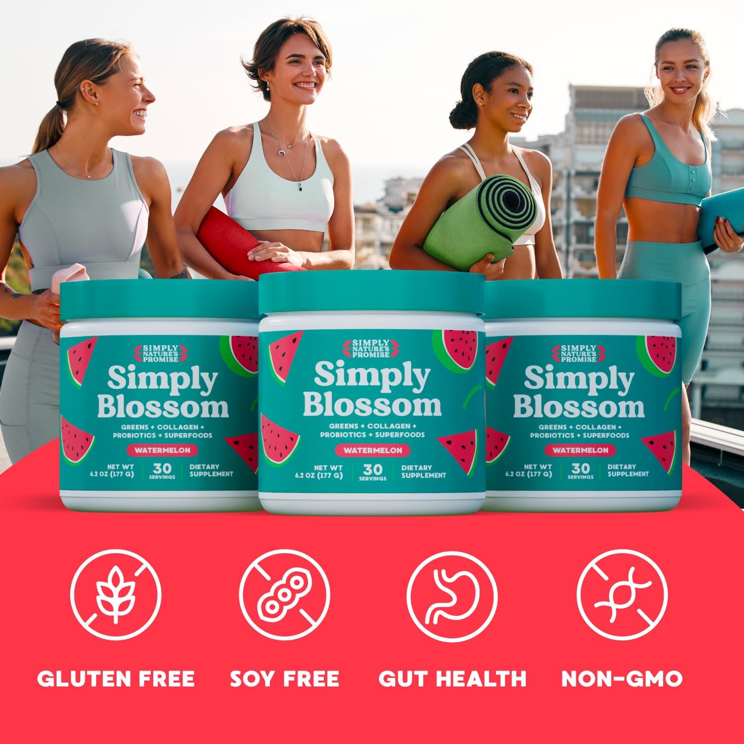 Simply Blossom Nutrition Daily Greens & Superfood Powder with Collagen & Probiotics for Women - Digestive Health & Bloating Relief - Watermelon Flavor - 2 Month Supply
