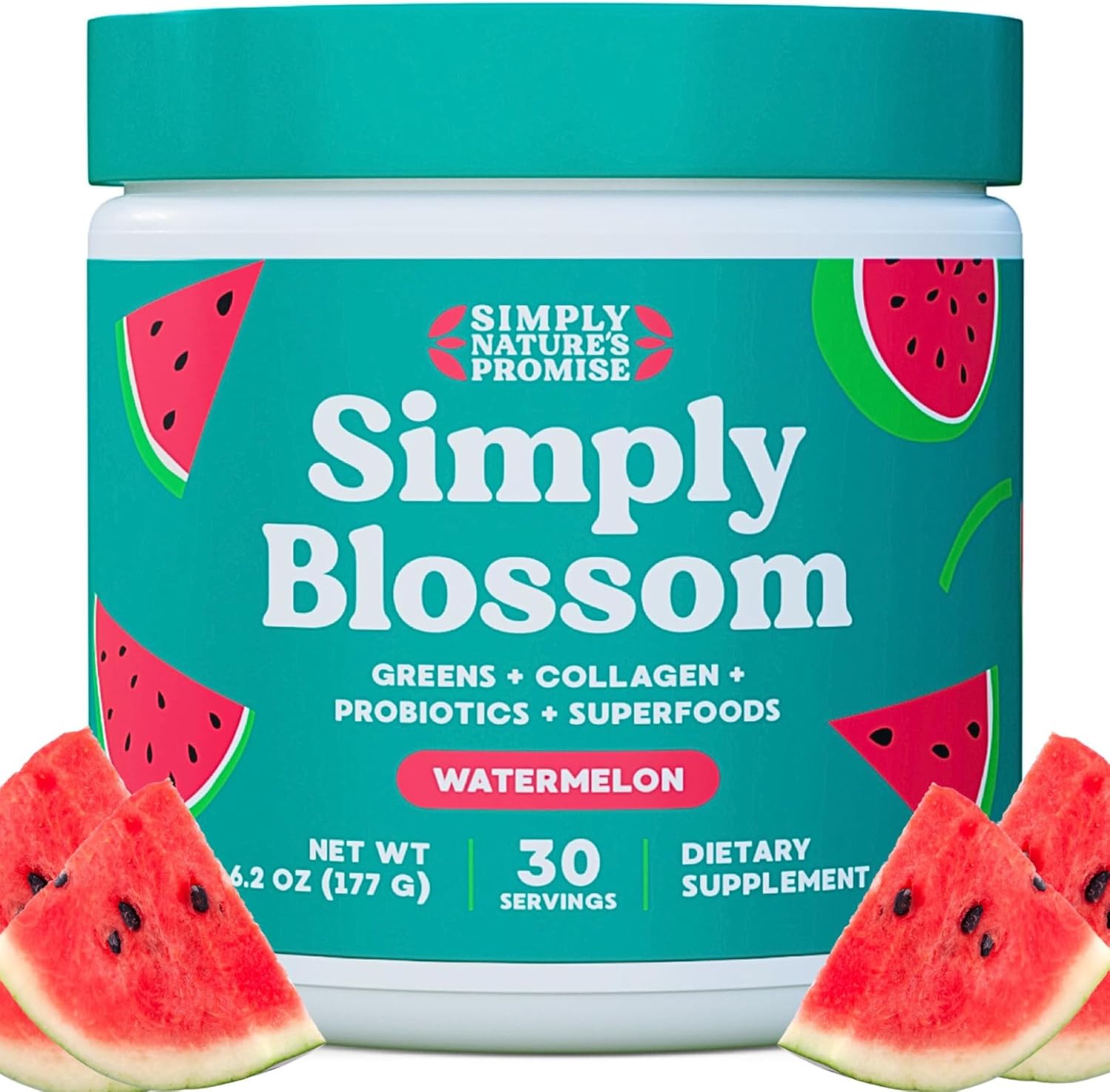 Simply Nature's Promise Daily Greens & Superfood Powder with Collagen, Probiotics - Women's Digestive Health & Bloating Relief - Watermelon Flavor - 30 Day Supply