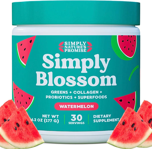 Simply Nature's Promise Daily Greens & Superfood Powder with Collagen, Probiotics - Women's Digestive Health & Bloating Relief - Watermelon Flavor - 30 Day Supply