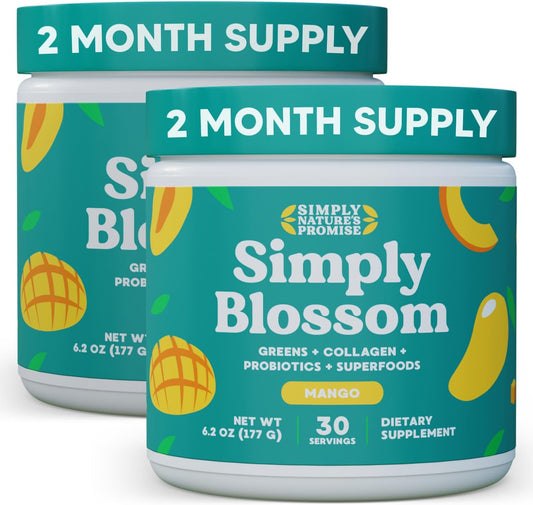Simply Nature's Promise Daily Greens & Superfood Powder with Collagen & Probiotics for Women - Mango Flavor - 2 Month Supply - Digestive Health & Bloating Relief