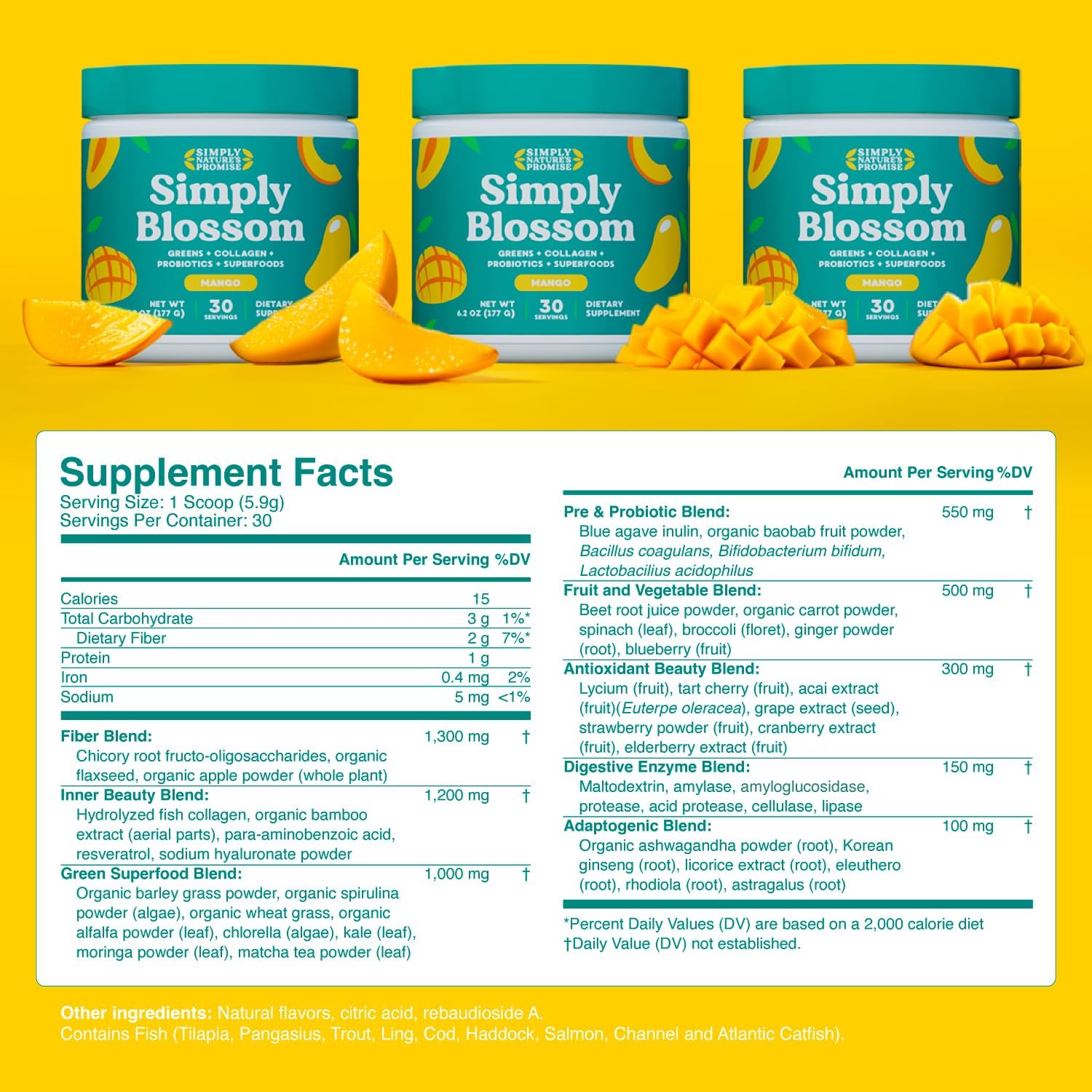 Simply Nature's Promise Daily Greens & Superfood Powder with Collagen & Probiotics for Women - Mango Flavor - 2 Month Supply - Digestive Health & Bloating Relief