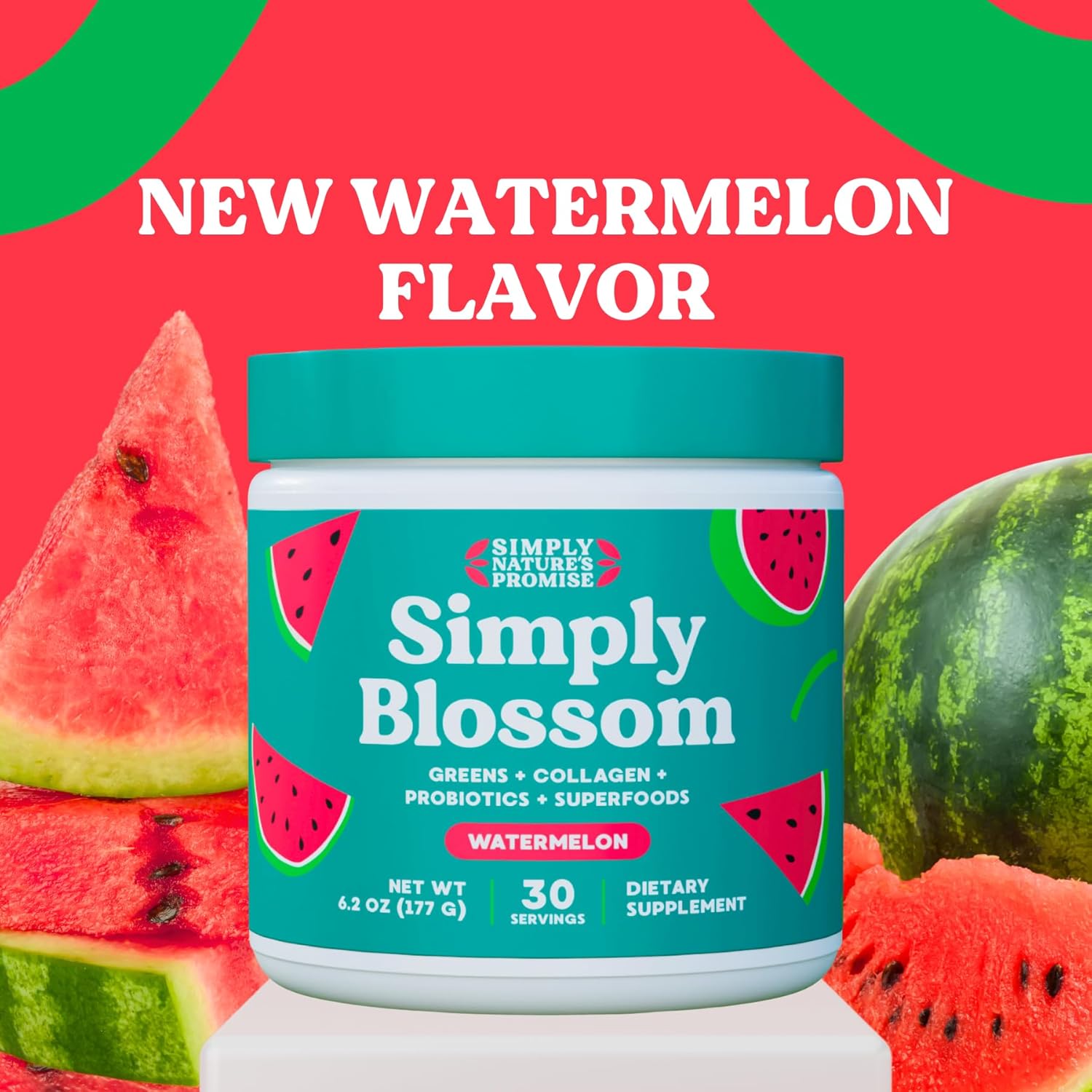 Simply Nature's Promise Daily Greens & Superfood Powder with Collagen, Probiotics - Women's Digestive Health & Bloating Relief - Watermelon Flavor - 30 Day Supply