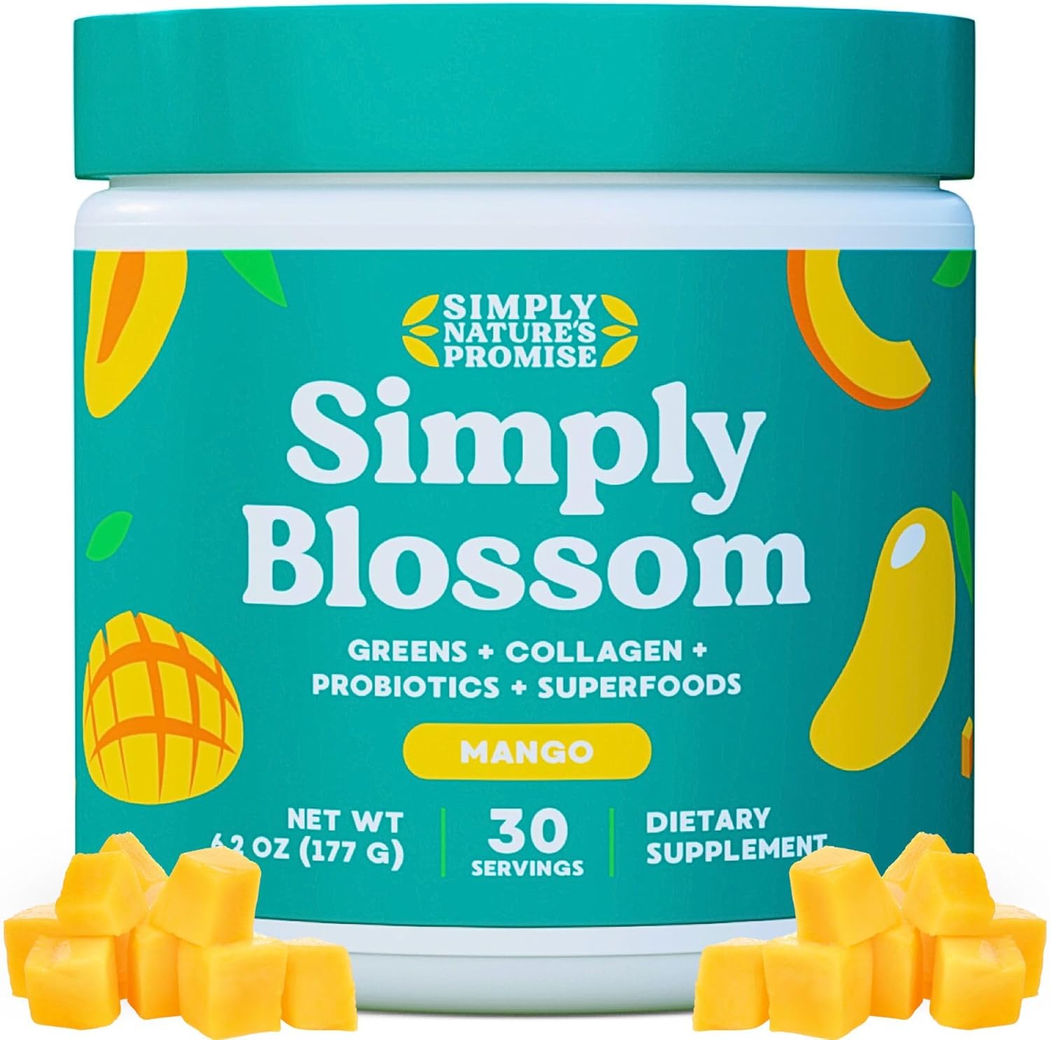 Simply Nature's Promise Women's Daily Greens & Superfood Powder with Collagen, Probiotics, and Mango Flavor for Digestive Health & Bloating Relief - 30 Day Supply