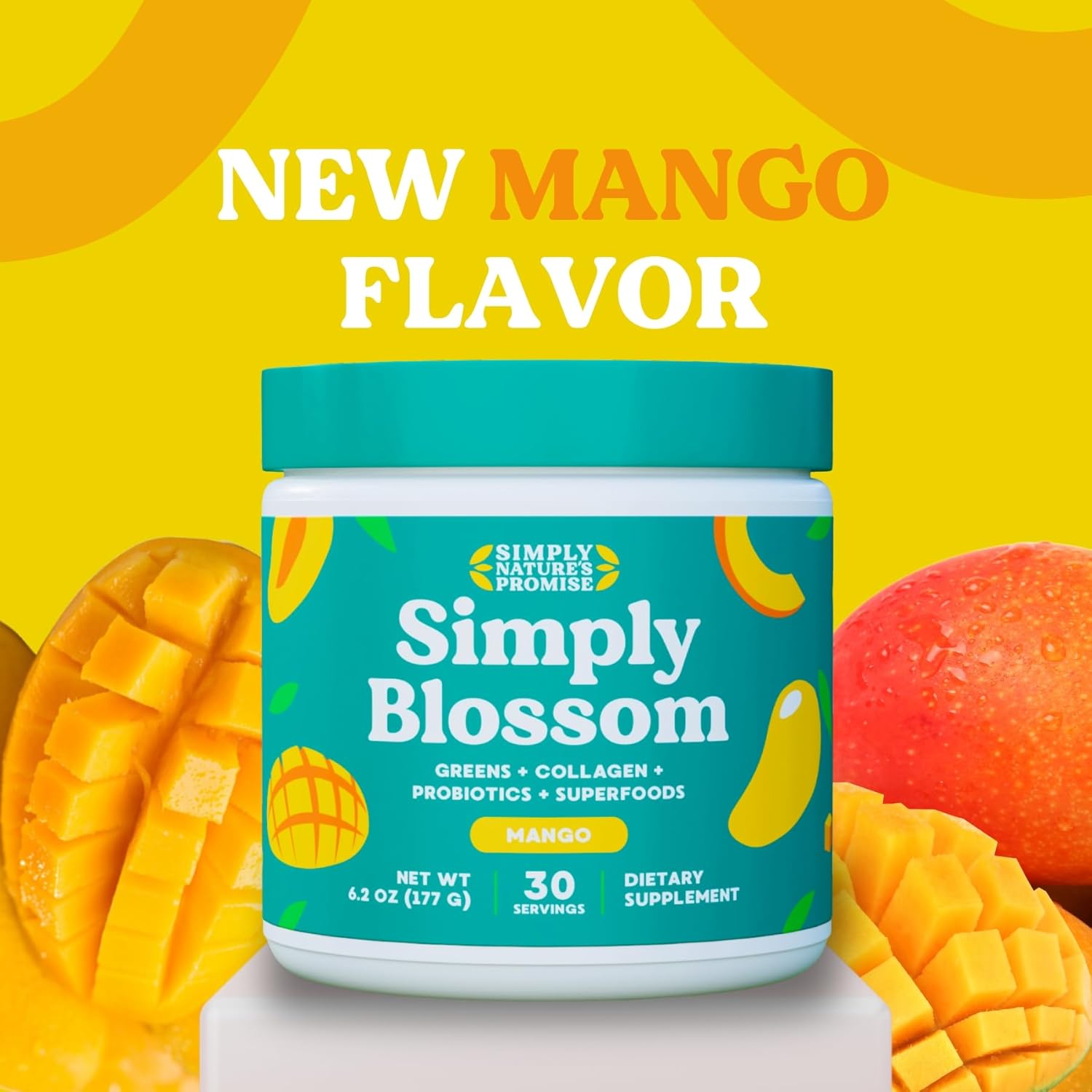 Simply Nature's Promise Women's Daily Greens & Superfood Powder with Collagen, Probiotics, and Mango Flavor for Digestive Health & Bloating Relief - 30 Day Supply