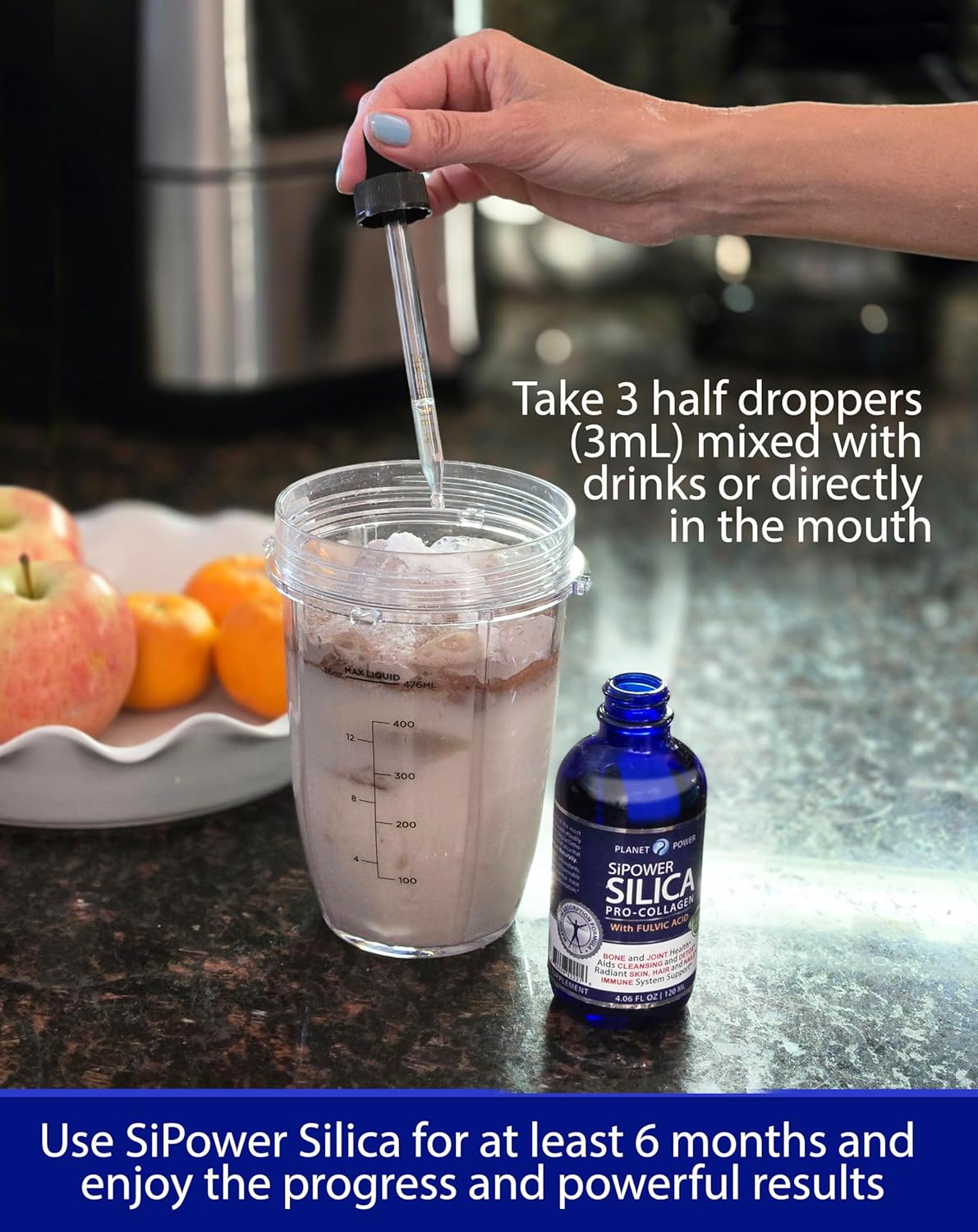 SiPower Silica Vegan Collagen + Fulvic Acid 4oz Glass Bottle - Immune System Support with Maximum Absorption - Concentrated Formula for Bones, Joints, Skin, Hair, Nails, and Digestive Health.