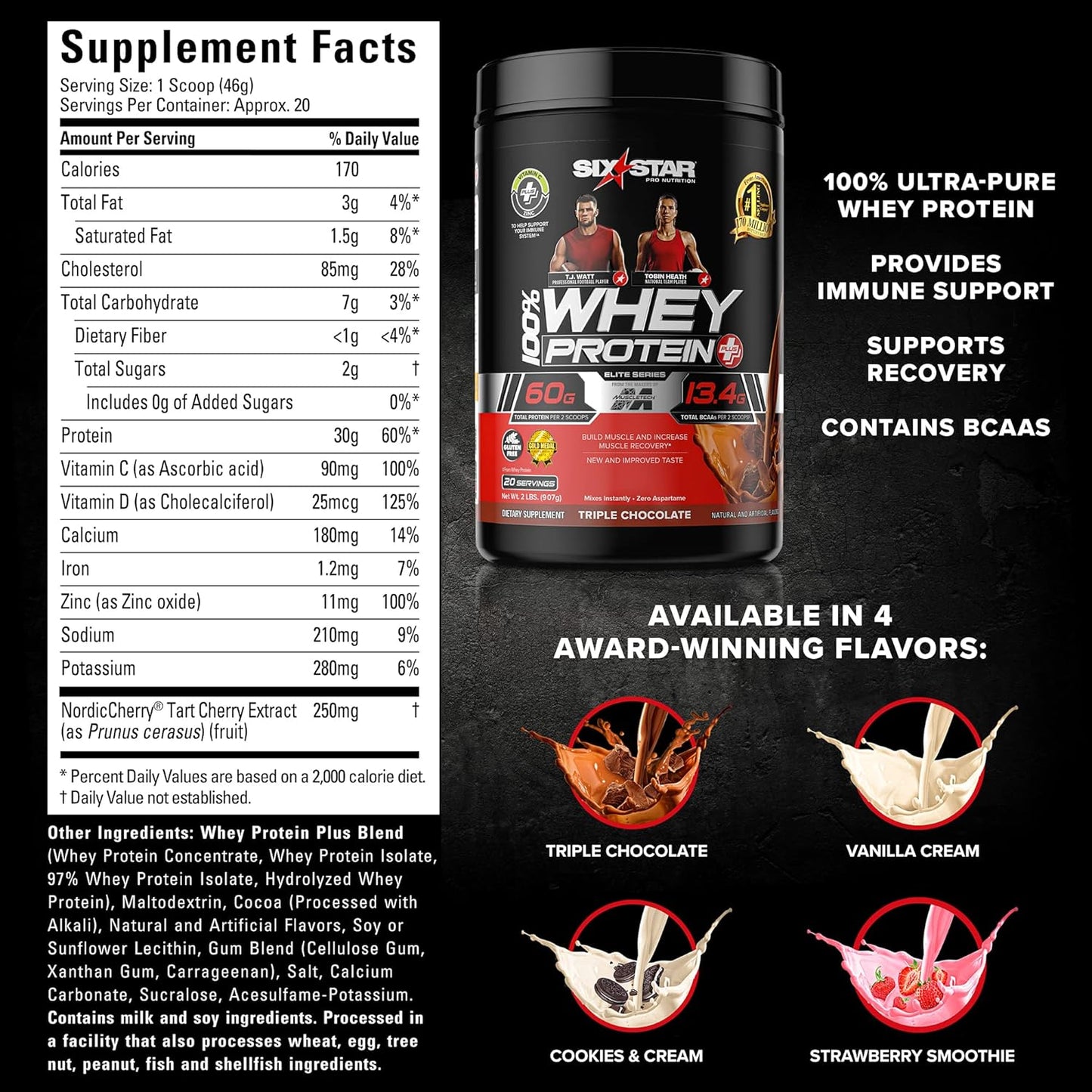Six Star Whey Protein Plus with Immune Support - Vanilla, 2 lbs - Muscle Building Protein Powder for Lean Muscle Recovery - BoostGo Australia