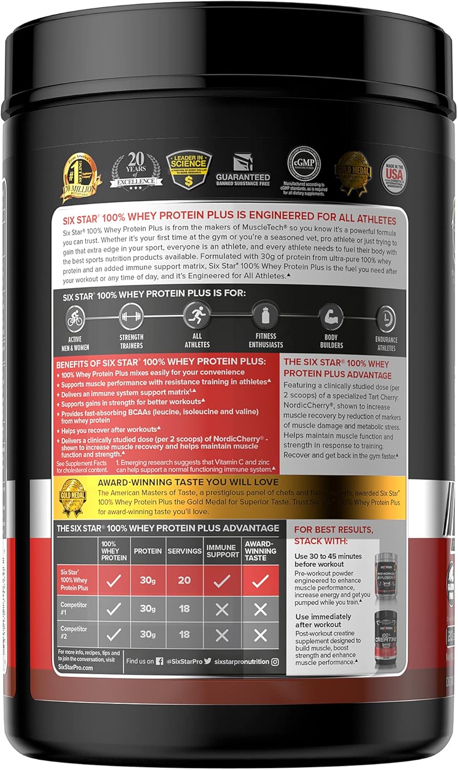 Six Star Whey Protein Plus with Immune Support - Whey Protein Isolate & Peptides for Muscle Gain & Recovery - Chocolate, 2 lbs - BoostGo Australia
