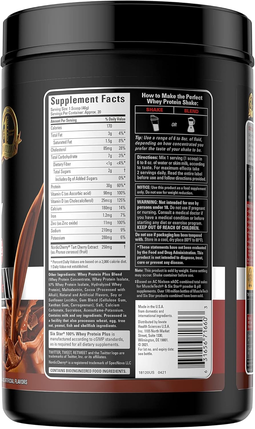 Six Star Whey Protein Plus with Immune Support - Whey Protein Isolate & Peptides for Muscle Gain & Recovery - Chocolate, 2 lbs - BoostGo Australia