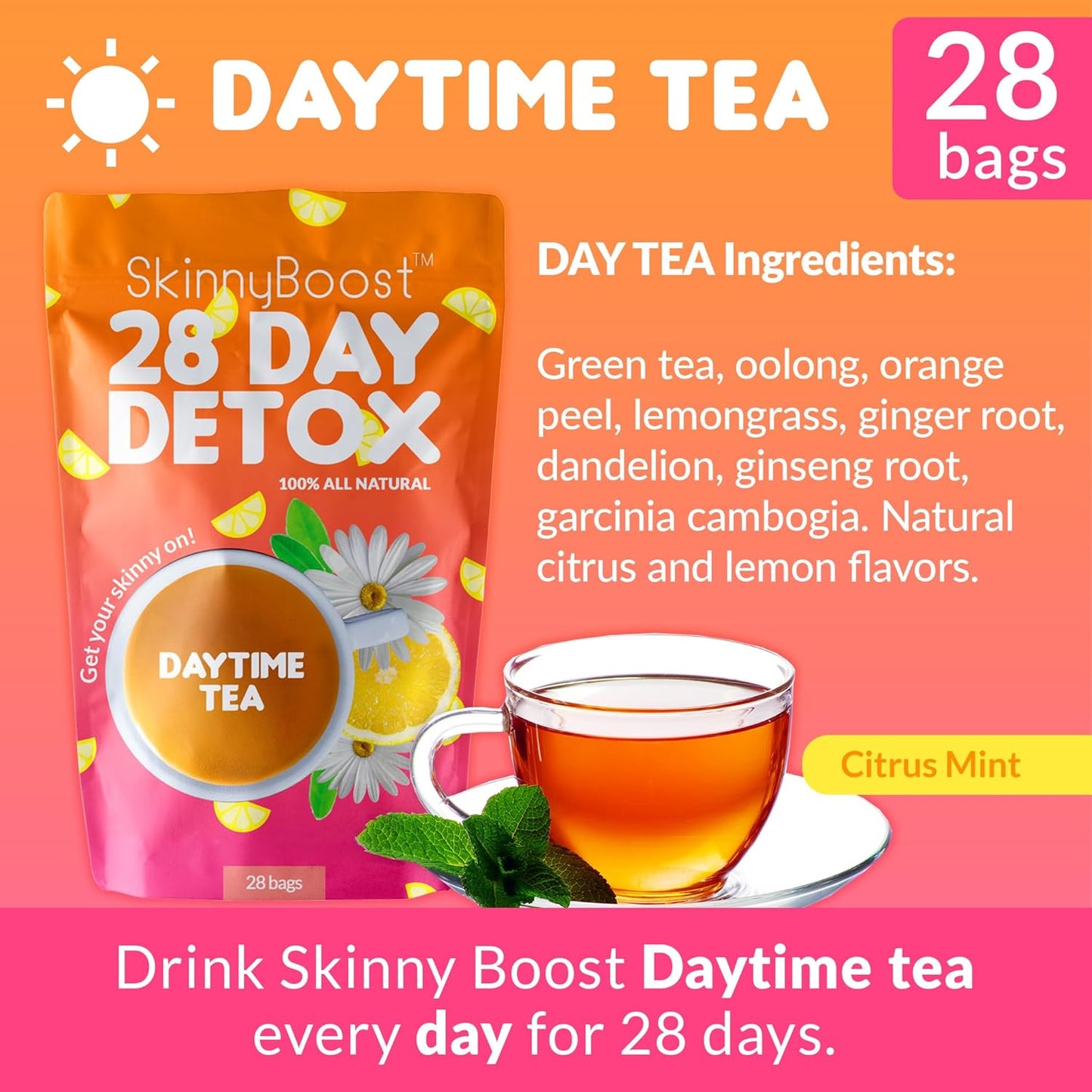 SkinnyBoost 28 Day Detox Tea Kit (3 PACK) - Non GMO, Vegan, All Natural Cleanse Kit with Daytime and Evening Teas