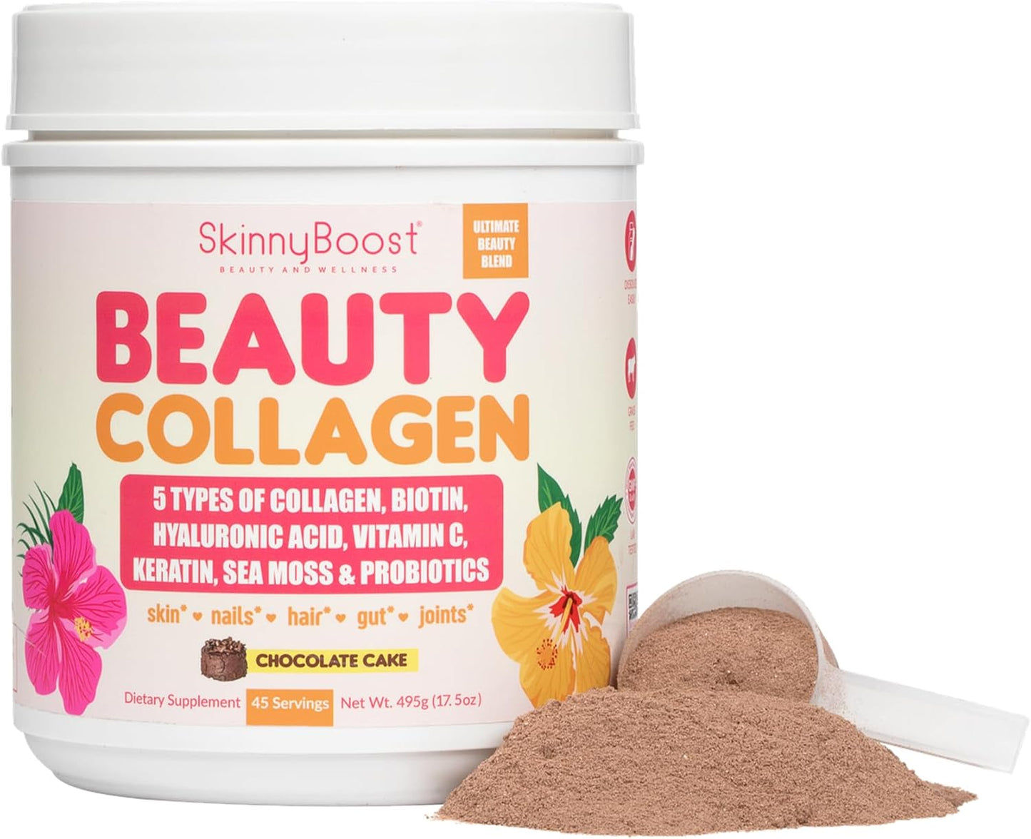 SkinnyBoost Beauty Collagen-Chocolate Cake Flavored- Ultimate Beauty Blend with 5 Types of Collagen, Sea Moss, Biotin, Keratin, Hyaluronic Acid, Vitamin C, Probiotics- All Natural, Made in USA- 45 Servings