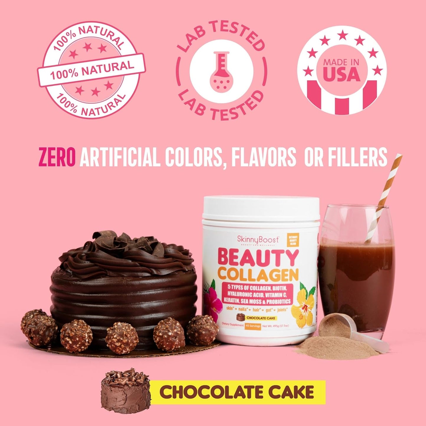 SkinnyBoost Beauty Collagen-Chocolate Cake Flavored- Ultimate Beauty Blend with 5 Types of Collagen, Sea Moss, Biotin, Keratin, Hyaluronic Acid, Vitamin C, Probiotics- All Natural, Made in USA- 45 Servings