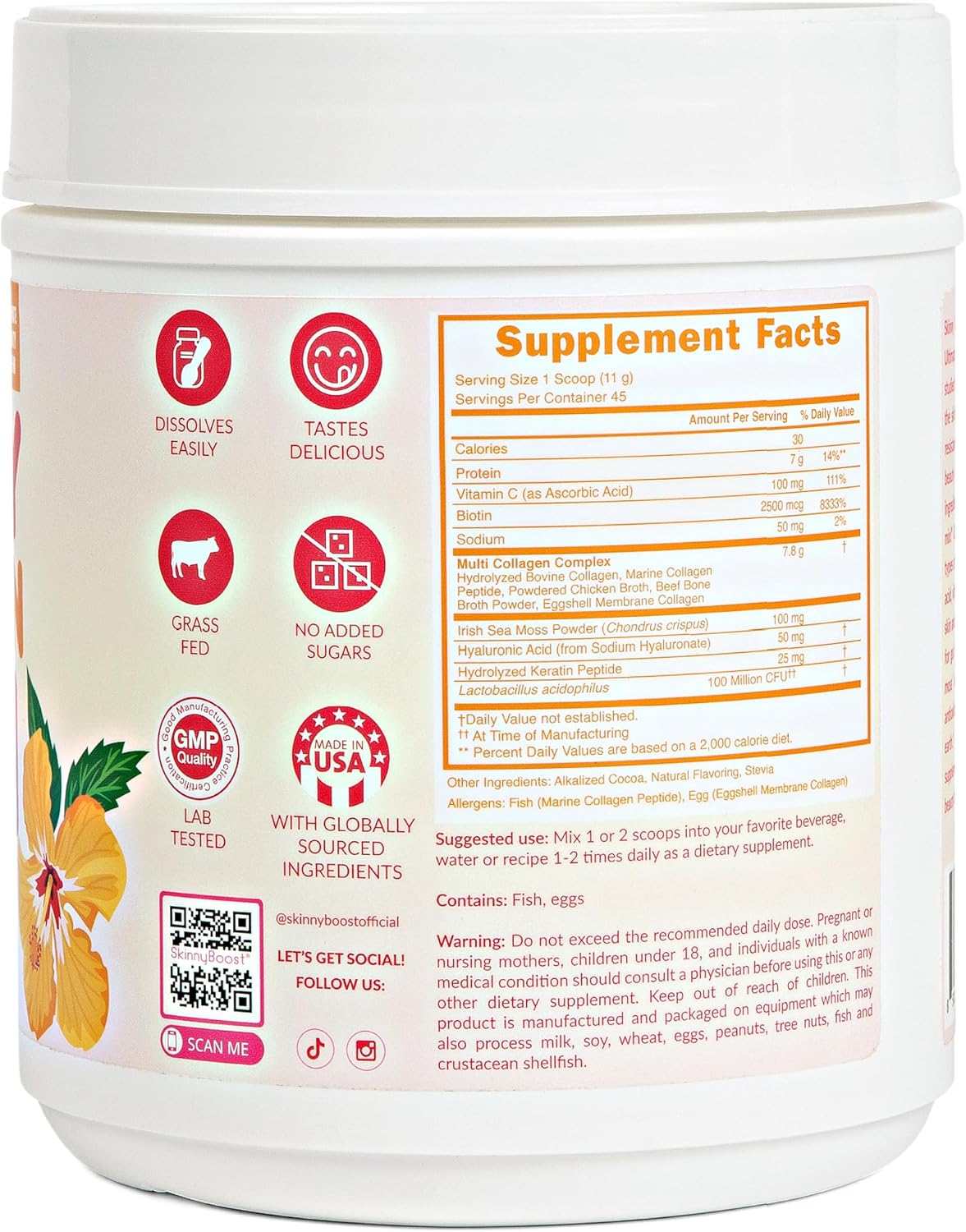 SkinnyBoost Beauty Collagen-Chocolate Cake Flavored- Ultimate Beauty Blend with 5 Types of Collagen, Sea Moss, Biotin, Keratin, Hyaluronic Acid, Vitamin C, Probiotics- All Natural, Made in USA- 45 Servings