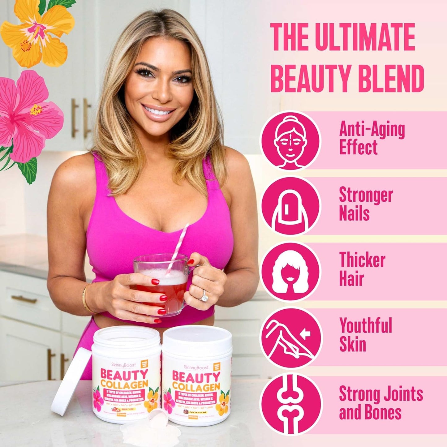 SkinnyBoost Beauty Collagen-Chocolate Cake Flavored- Ultimate Beauty Blend with 5 Types of Collagen, Sea Moss, Biotin, Keratin, Hyaluronic Acid, Vitamin C, Probiotics- All Natural, Made in USA- 45 Servings