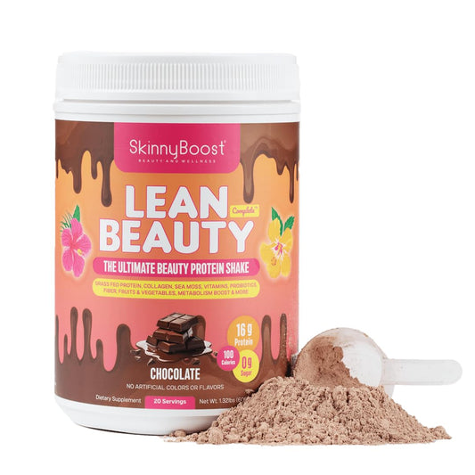 SkinnyBoost Lean Beauty Shake Protein Powder - Chocolate Flavor - Grass-Fed Whey Protein, Hydrolyzed Collagen, Beauty Ingredients, Vitamins, Metabolism Support - Natural, Sugar-Free - 20 Servings - USA Made