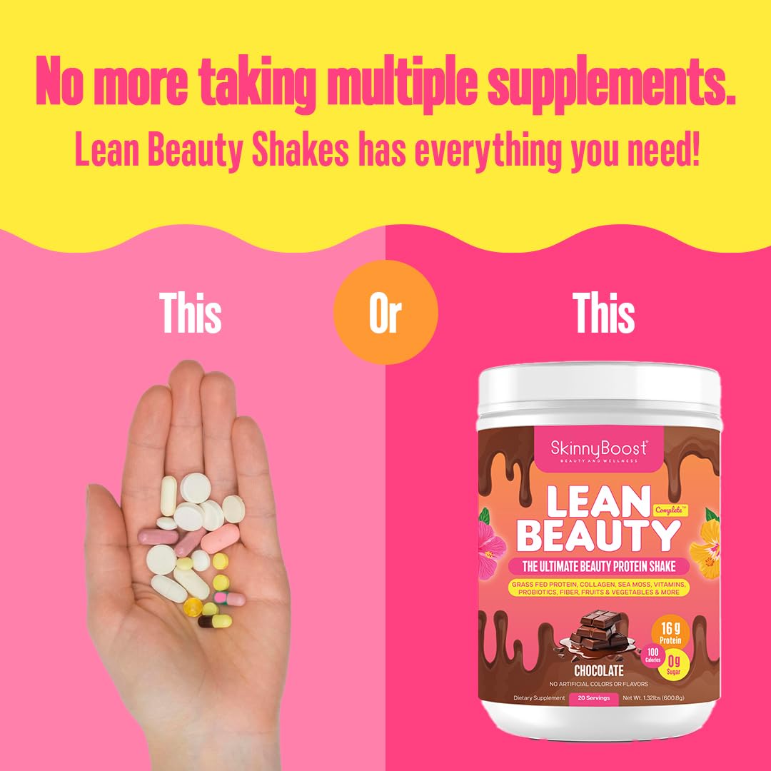 SkinnyBoost Lean Beauty Shake Protein Powder - Chocolate Flavor - Grass-Fed Whey Protein, Hydrolyzed Collagen, Beauty Ingredients, Vitamins, Metabolism Support - Natural, Sugar-Free - 20 Servings - USA Made